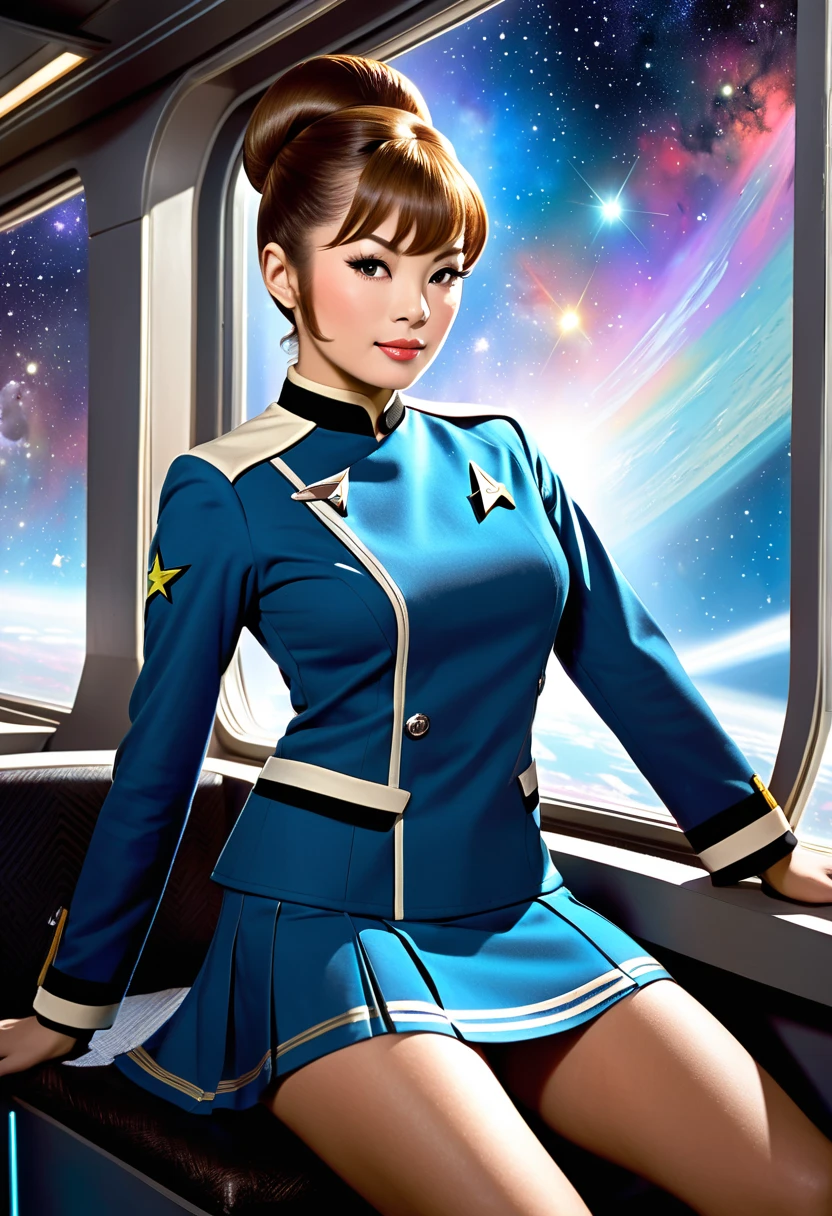 ((wearing star trek original series 70s once piece mini dress bridge crew uniform)) (asian crew member with bob haircut and slim figure) ((in the style of a retro-futuristic, retro-scifi film set) ((in the style of a 70s erotic movie, soft focus, cinematic, pulp, porn, retro porn, 1970s film) ((ultra realistic, detailed and dynamic)) (nikon d850 film 4 kodak portra 400 camera f1.6 lens, rich colors, hyper realistic, lifelike texture, dramatic lighting, cinestill 800 tungsten, (RAW photo, nikon, 8k, Super detailed, advanced details, intricate details, Super detailed), (award winning photo, masterpiece), (photo-realistic) ((anatomically correct, High precision human body, highly detailed face, realistic skin)) Lighting: Face lighting, Ray tracing, reflective light, Structurally correct)