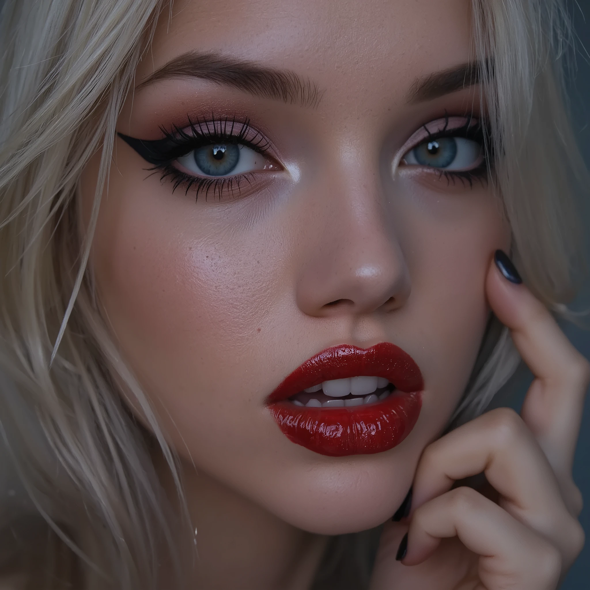 Close up of face, deep red lips, lip gloss, shiny lips, eyeliner flicks, thick eyeliner, goth make up