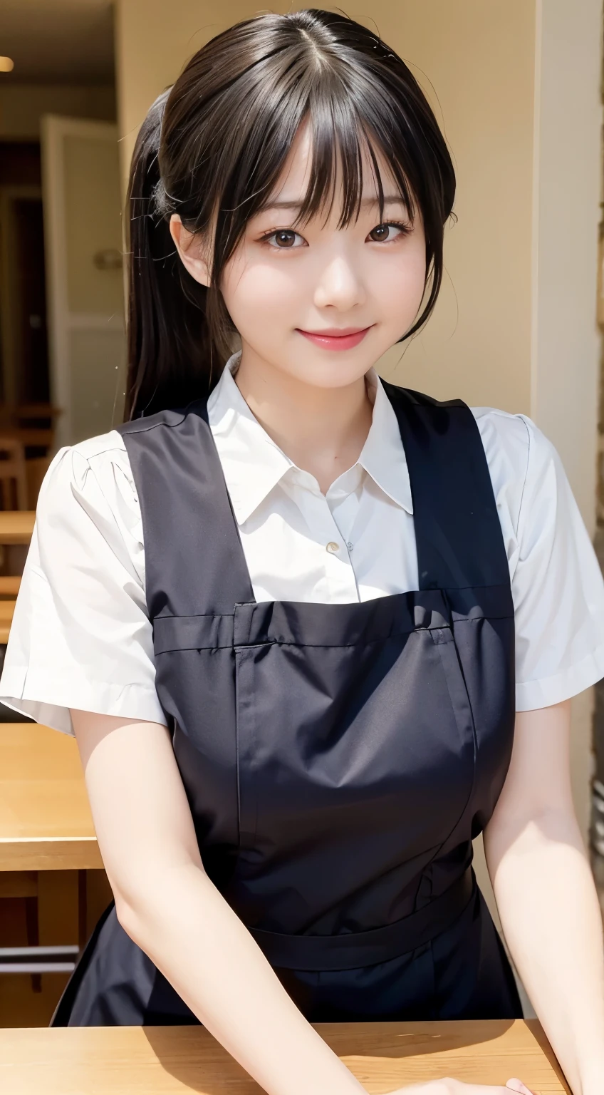 (Highest quality,masterpiece:1.3,Ultra-high resolution,),(Very detailed,Caustics),(Realistic:1.4,RAW shooting,)Ultra-Realistic Capture,Very detailed,High resolution 16k human skin closeup。 Natural skin texture、,pores、、、、It must be detailed enough to be easily identifiable。 Skin tone is even and healthy looking。 Use natural light and colour,restaurant,Waitress Uniform,1 girl,Japanese,18-year-old,cute,Black-haired,ponytail,Big Breasts,smile,Turn your body forward,(Front view:1.1),Looking into the camera,Cowboy Shot,