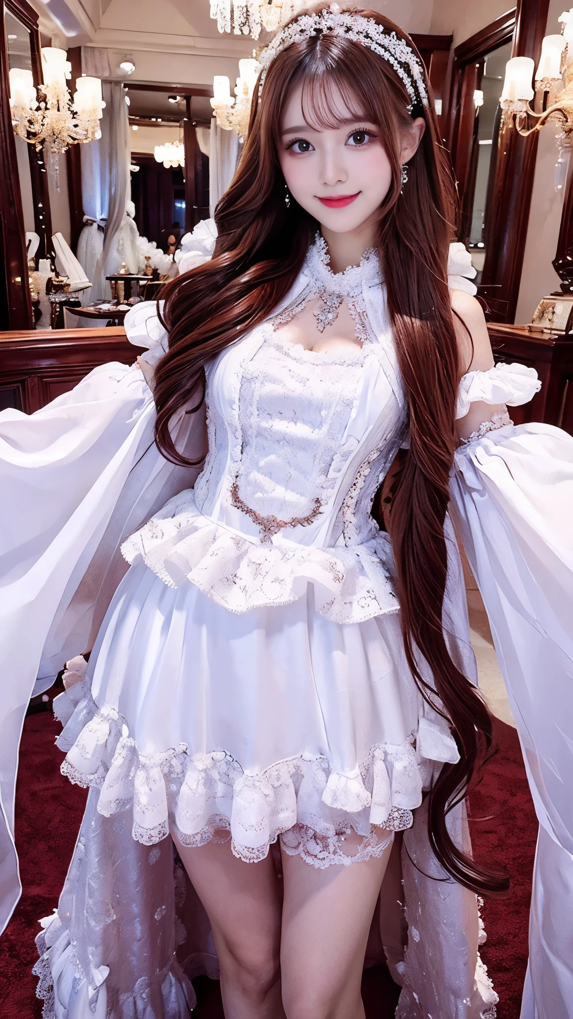     pretty woman ,     Chestnut hair    ,      beautiful eyes  ,    Smile,  actual , Full HD,    very beautiful dress  ，White ta ， Fluffy Dress  ， Curved Body，Magnificent views ， gorgeous decoration ，Long gown，Tailor-made skirt