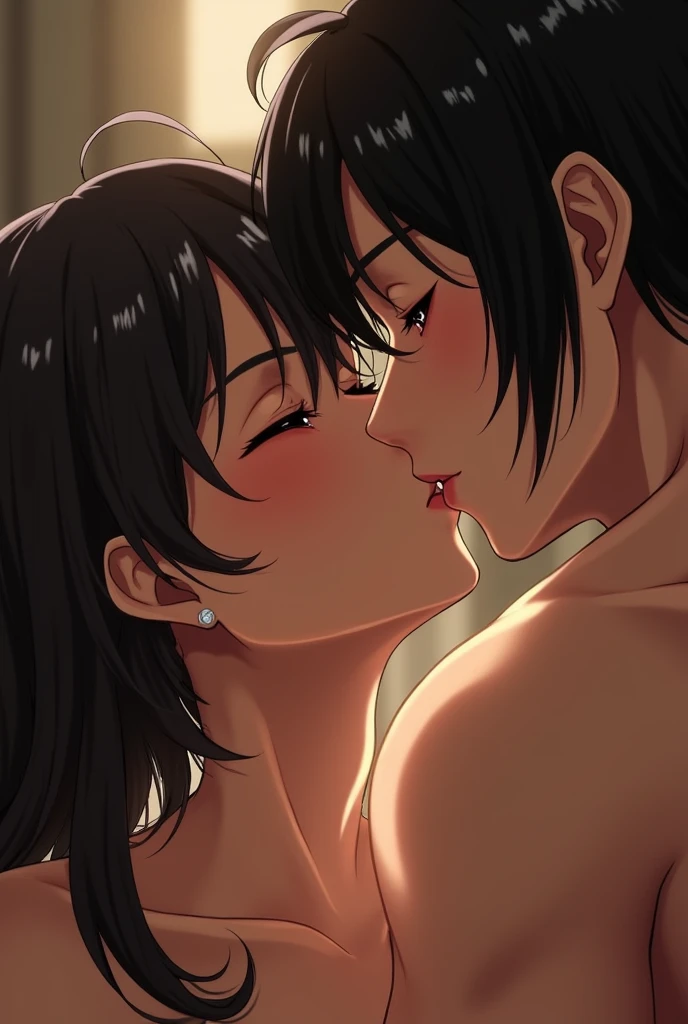 high quality, detailed, Realistic, (two  japanese boys), (detailed black eyes), (abs:1.5), (shiny skin), detailed nipples, black hair, (black tiny thong), (erected bulge), summer noon, (smile:0.7), close up face, laying, kissing,