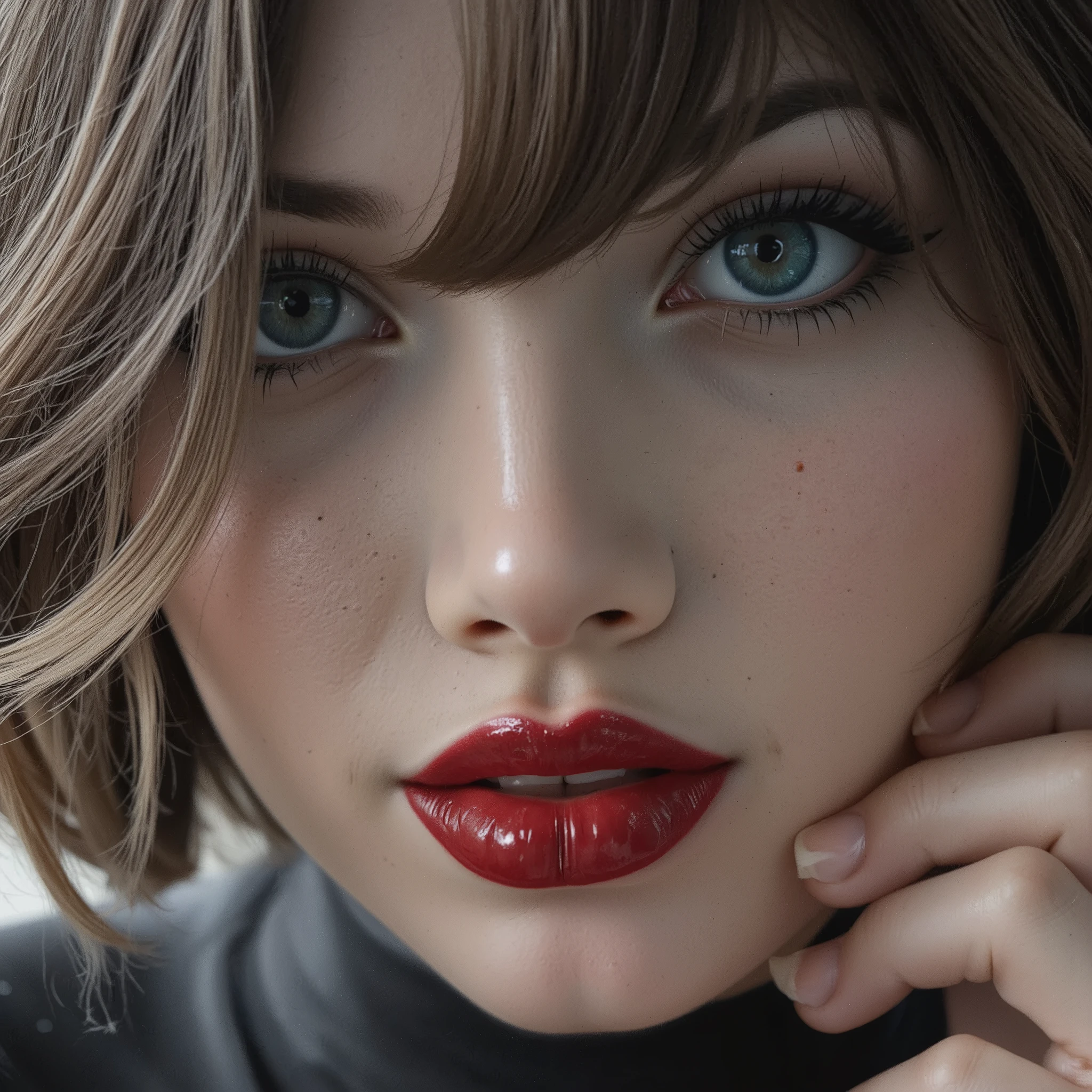 Close up of face, deep red lips, lip gloss, shiny lips, eyeliner flicks, thick eyeliner, goth make up