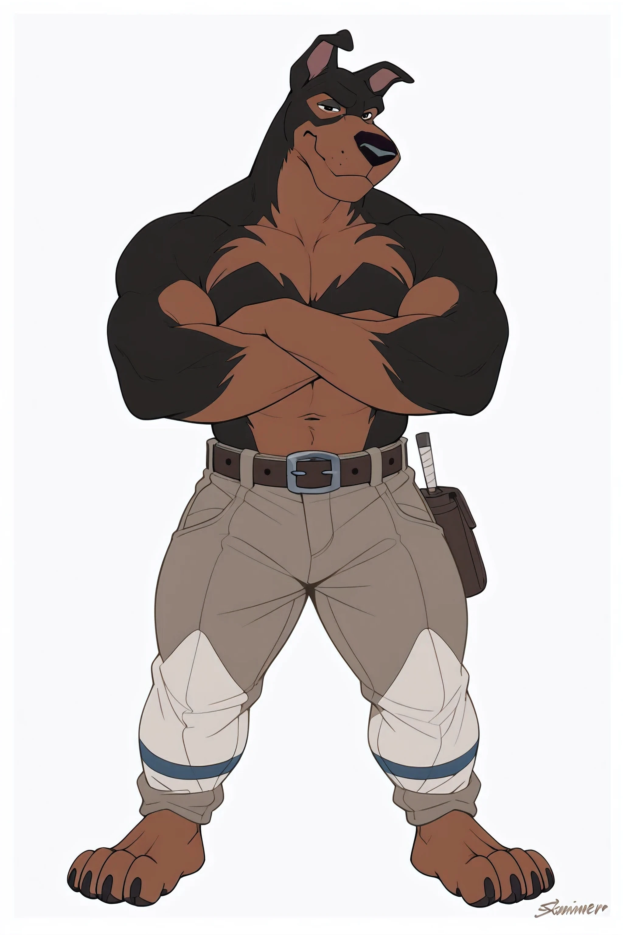 BusterLT, furry, anthro, anthro body, canine, doberman, black eyes, black nose, black body, black fur, brown body, brown fur, two tone body, two tone fur, pink inner ear, full body, heavyweight build, muscular, flat colors, simple background, detailed, posing, looking at viewer, closed mouth, smile, stern eyes, front view, arms crossed, belt, pants, bare feet