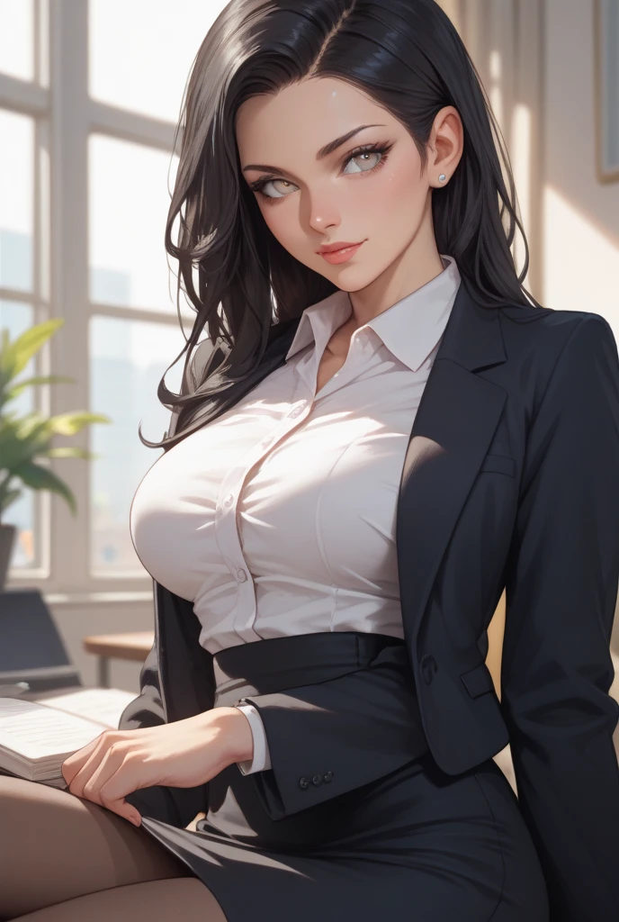 (extremely details CG, Unity, 8K Wallpaper extremely delicate and beautiful), (​masterpiece), (top-quality:1.0), (超A high resolution:1.0), ((perfect proportion shot:1.0)), beautiful vibrant lighting, realistic shadow, [high resolution], pretty face, slanted brown eyes, soft angled brow, 34 years old, arrogant expression, angry, ((brown hair)), ((semi-long shoulder-length hair)), (((medium breasts size))), plumpy body shape, office, office stuff, humiliating pose, dynamic angle, ((outer formal office suit)), opened suit, ((short skirt)), cleavage, office desk, ((waist up shot)))