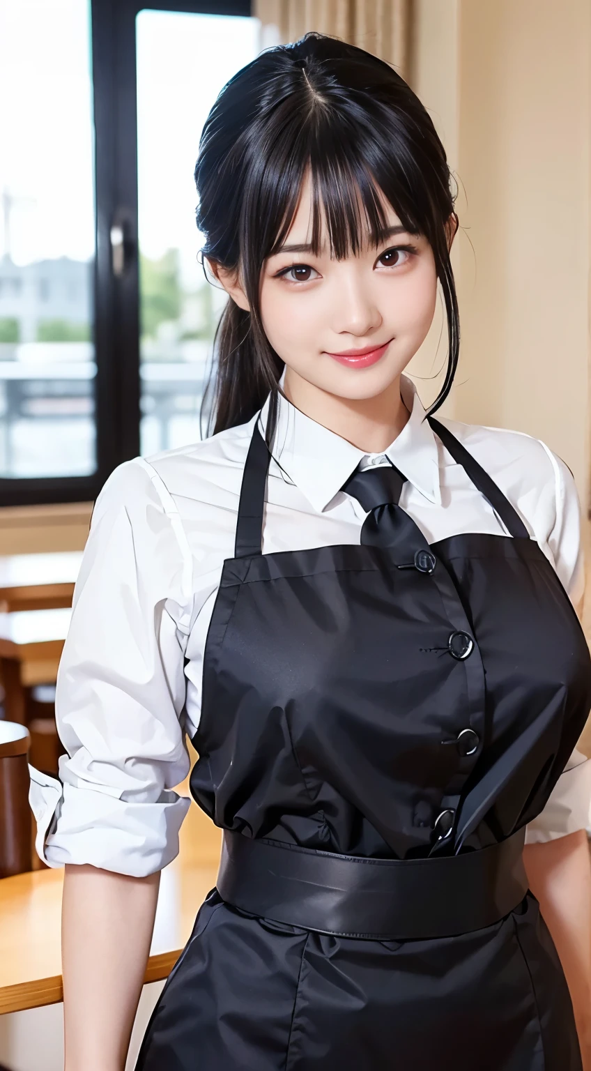 (highest quality,masterpiece:1.3,Ultra-high resolution,),(Very detailed,Caustics),(Photorealistic:1.4,RAW shooting,)Ultra-Realistic Capture,Very detailed,High resolution 16K human skin closeup。 Natural skin texture、,Pores、、、、It must be detailed enough to be easily identifiable。 Skin tone is even and healthy looking。 Use natural light and color,restaurant,Waitress Uniform,1 girl,Japanese,18-year-old,cute,Black-haired,ponytail,Big Breasts,smile,Turn your body forward,(Front view:1.1),Looking at the camera,Cowboy Shot,