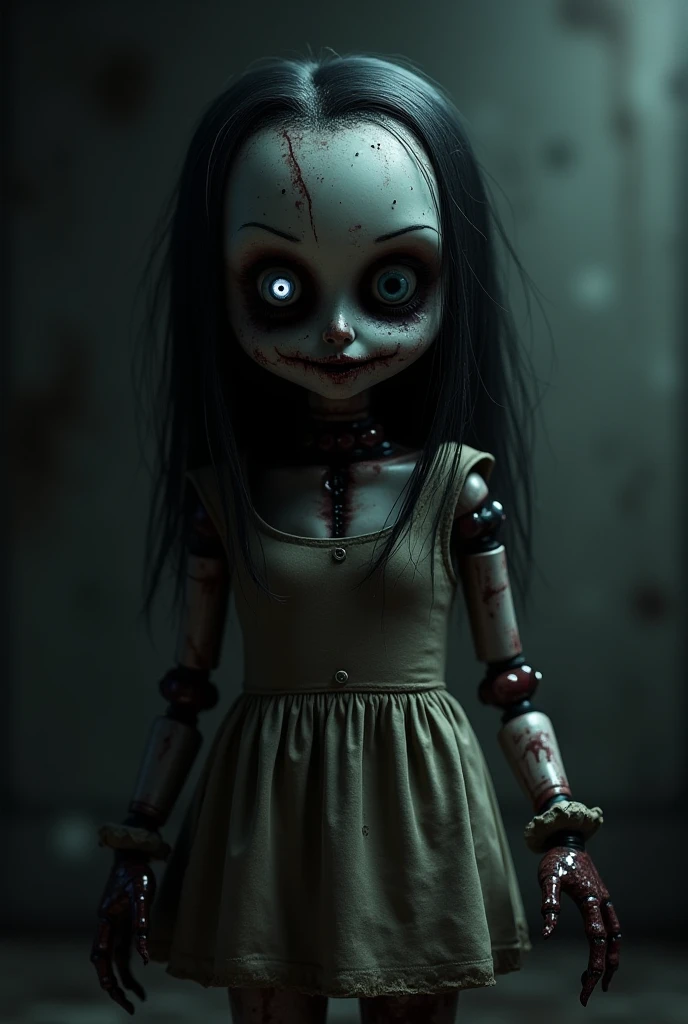 A haunting conceptual illustration in a sketch drawing style with low color saturation. The central figure is a broken porcelain doll, its delicate features marred by cracks and chips. Its porcelain visage is concealed behind a creepy mask, contorted into a twisted smile that sends chills down the viewer's spine. Hollow eyes, devoid of life, emit an aura of despair and suffering, capturing the essence of a tortured existence. The surroundings that envelop the doll are filled with an overwhelming sense of dread and pain, as if the doll has been thrust into a nightmarish landscape of torment. The overall atmosphere evokes a bleak and unsettling ambiance, leaving the viewer with a profound sense of unease and the lingering feeling that they have peered into the depths of