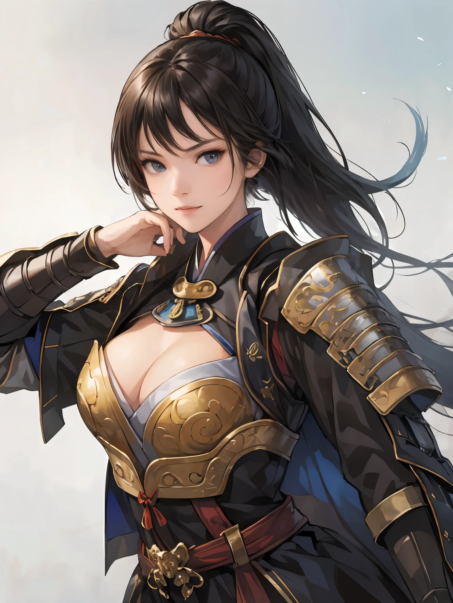 beautiful woman with dark hair :1.3, Breathtaking Character Art , Hanfu,(( pure white background )), ( best quality ), handsome, and a beautiful female knight with blue odango hair , 2. 5d cgi fantasy artwork , detailed digital art , Very nice work of art, fan Art Best Art Station, (Black velvet long cape ),(Warrior:1.2)( expressionless), exquisitely drawn hand 、 place your hand on your lower back, facing forward、Chinese Armor,From the waist up、 one woman、 A faint smile 、 wearing a sword through the blank space , black armor 、 The chest part of the armor is wide open 、 and the chest is exposed、