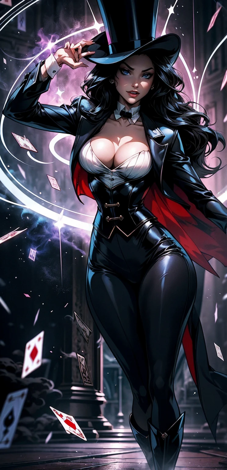 ((squatting))((Raven from D.C. comic series)) ((beautiful face))((very pale skin)) (red lips) ((big bright eyes)) ((short black hairstyle)) ((very huge breasts)) (perfect slim body) ((wears purple bodySuit, cape and hood)) ((choker, gloves, long stocking)) ((forehead red gem, red gems chain belt)) ((posing sexy on skycrapper rooftop at night)) (high definition, dynamic lights and shadows) ((masterpiece)) (8k) (perfect face) (best quality) (perfect hands and eyes)