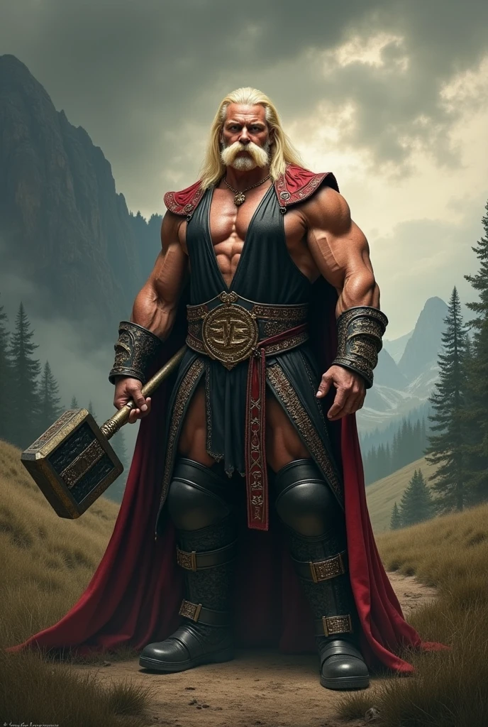 A old king with less cloths in his body with 10 feet height with six pack body muscles,having long knife on his hand ,he is a king with white beard long hair