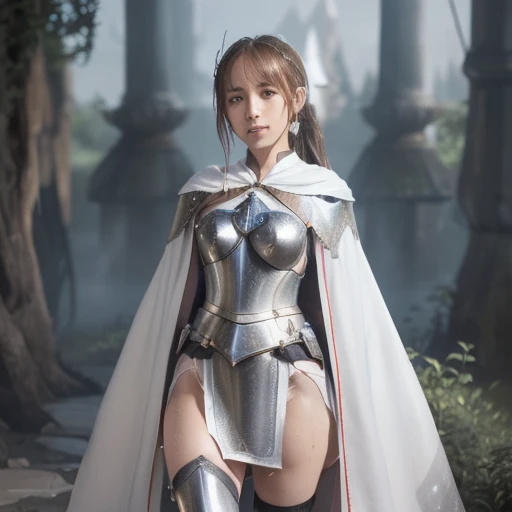smile、((NSFW))、((camel toe))、((female organ:1.1))、(masterpiece、best image quality:1.2)、8K、beautiful girl、wearing a cloak、(you can see her naked lower body.、Clothing that shows the crotch:1.5)、((dragon quest:1.2))、((A female protagonist goes on a fantasy adventure.....:1.5))、RPG、cute face、sunset、Cloth wrapped around the waist、prepare a sword、in a stone fort、((armor for women:1.3))、Let&#39;s go on an adventure