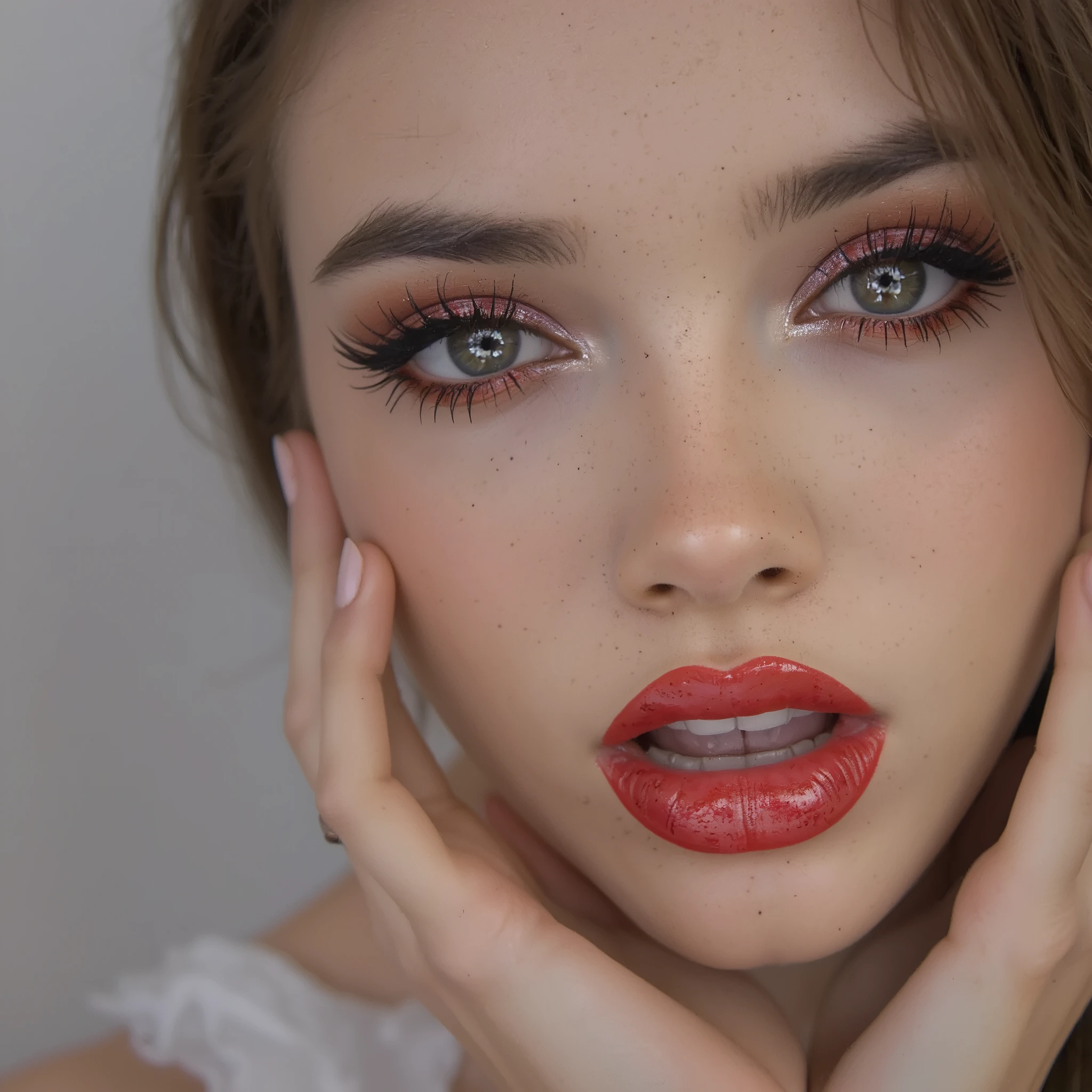 Close up of face, deep red lips, lip gloss, shiny lips, eyeliner flicks, thick eyeliner, make up, red glitter eye shadow, 8k, realistic, parted lips