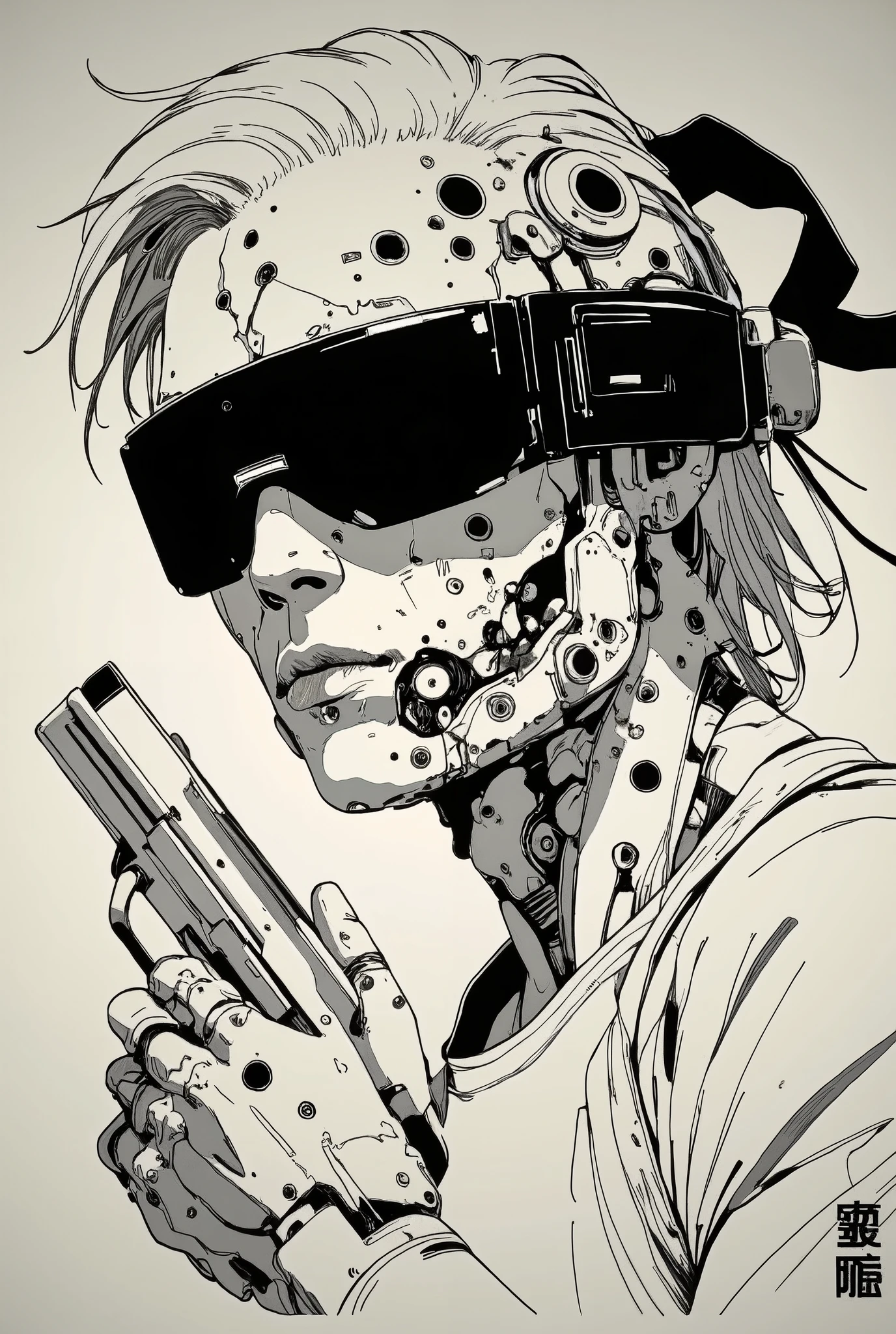 A close-up sketch of a cyberpunk man with a black blindfold, holding a pistol in his hand. Half of his face is mechanical, featuring intricate cybernetic details. The drawing is in a black and white rough manga style, inspired by Kentaro Miura and Sugimura Jihei, with sharp and expressive linework. The composition emphasizes the gun and the tension of the moment, reminiscent of the dynamic style seen in 'Black Lagoon' and 'Trigger' anime. The character has an intense expression, with the raw and detailed aesthetic of classic manga illustrations