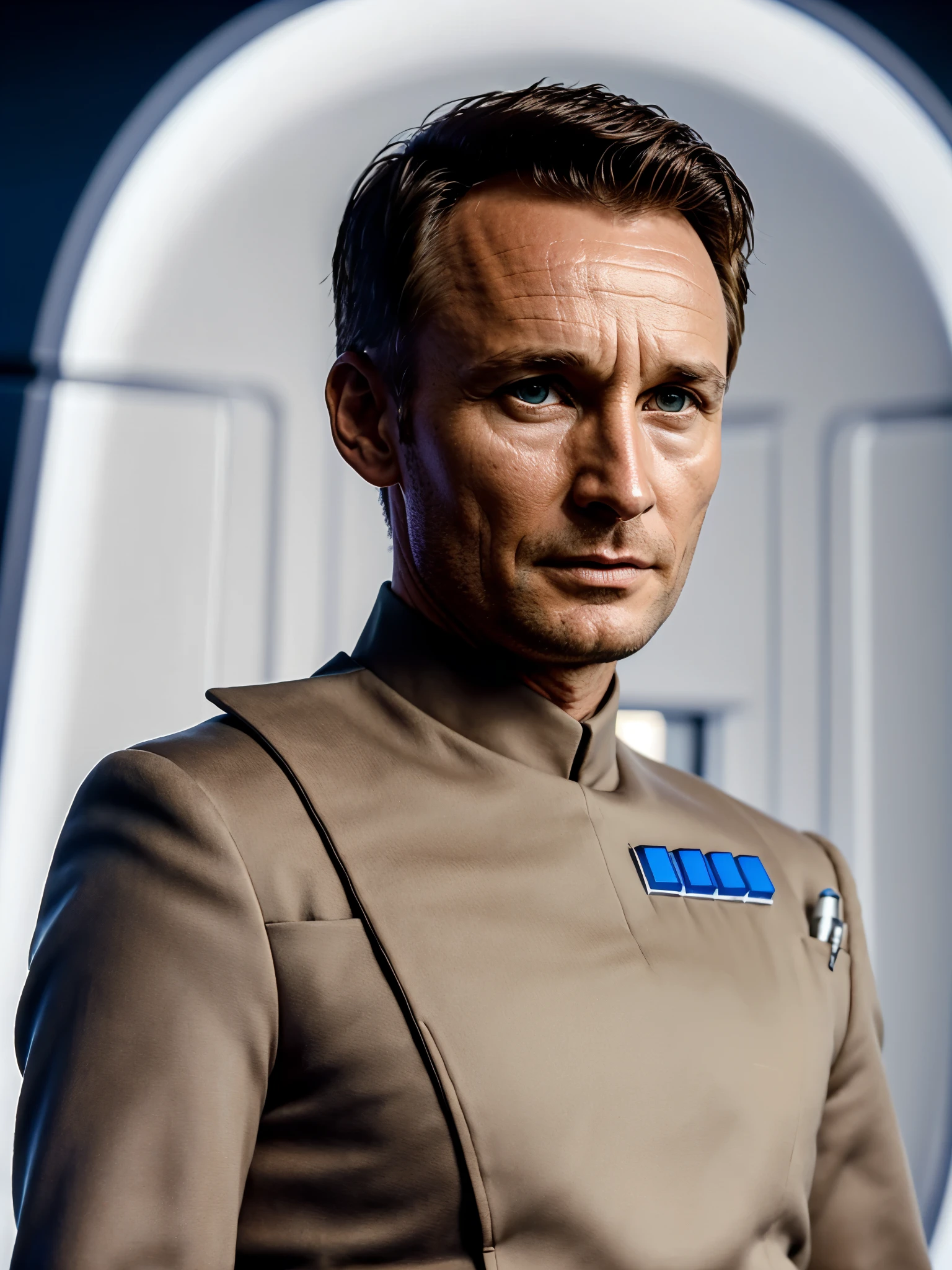 actor thomas kretschmann with short brown hair in imperialofficer uniform, in a interrogation room, 8k uhd, dslr, soft lighting, high quality, film grain,masterpiece quality,Fujifilm