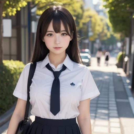 bokeh, masterpiece, analog photo, RAW, beautiful high school girl, Stewardess uniform, Light brown long hair, Light brown beautiful eyes, Blushed face, (Japanese idol:1.5), Plump breast, Stewardes, Looking at the viewer, cowboy shot, sundown Street,