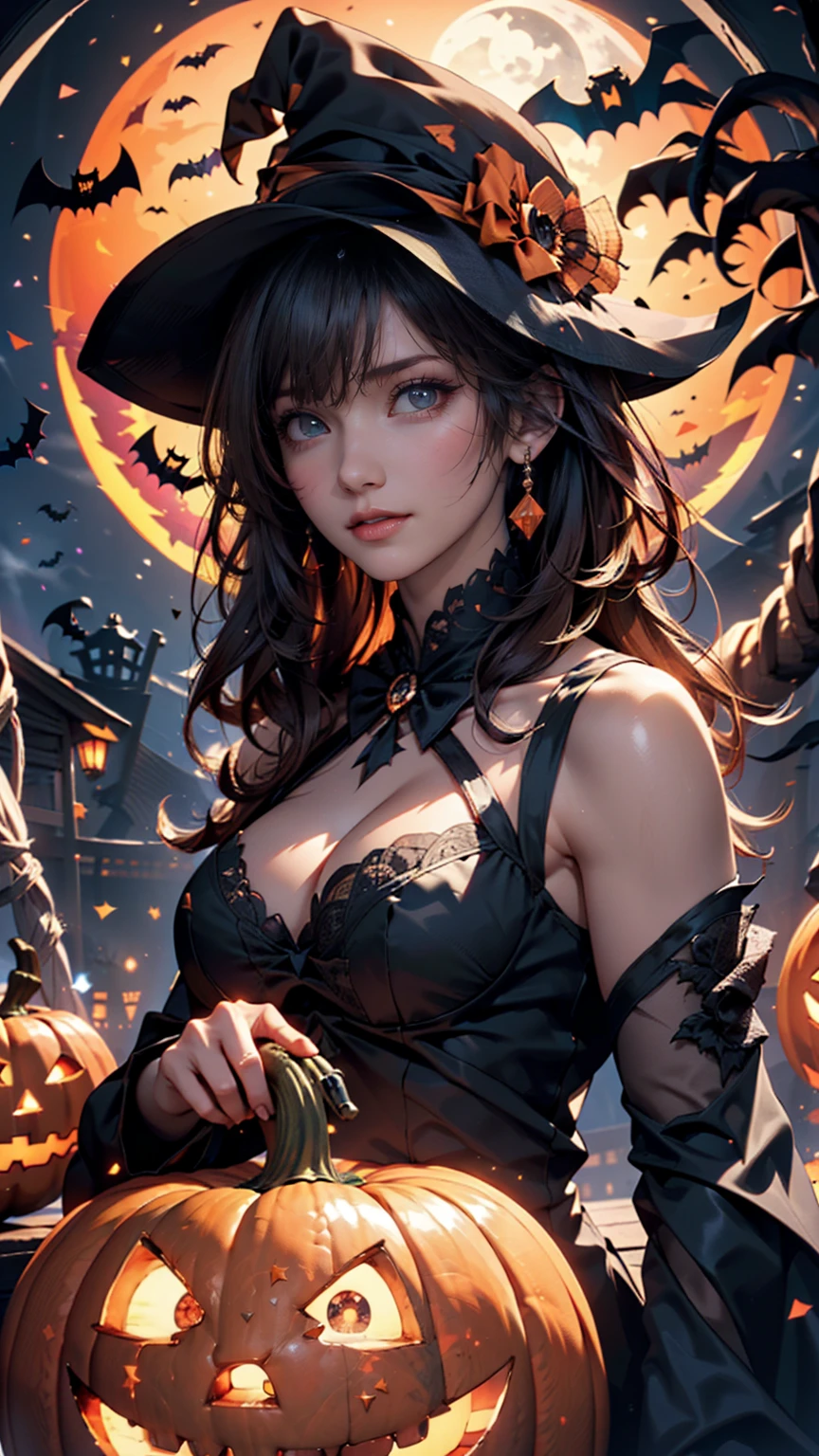 A 40 year old women, witch costume, black colour witch costume, dark purple hair, hair covering one eye, purple eyes, witch hat, eye shadow, Mole under lips, black lipstick, white skin, cleavage, sitting on broom, Jack-o'-lantern background, depth of field, night background, natural light, front view, smiling, masterpiece quality, UHD, super detailed skin, super detailed eyes, super detailed costume, ultra detailed image, High quality, High resolution,