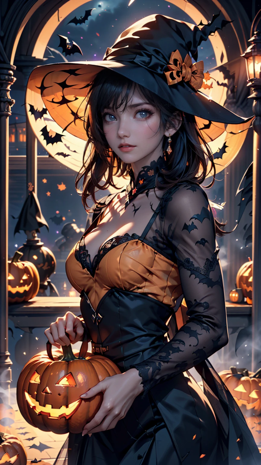 Short haired brunette witch sitting in pumpkin field, halloween art style, halloween night, halloween atmosphere, fashionable dark witch, halloween theme, halloween celebration, The Witch, in a halloween style, scarry but bewitching, flirty anime witch casting magic, Guviz, witch fairytale, Loli, beautiful female witch