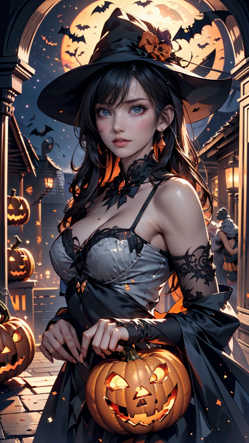 (masterpiece) (best quality) (perfect face) In a beautiful anime style. A beautiful young woman dressed as a witch. Long hat, blue harness and frilly skirt. She's standing in the street at night, with an evil, sneaky look on her face. The street is dark, but has decorative lighting.