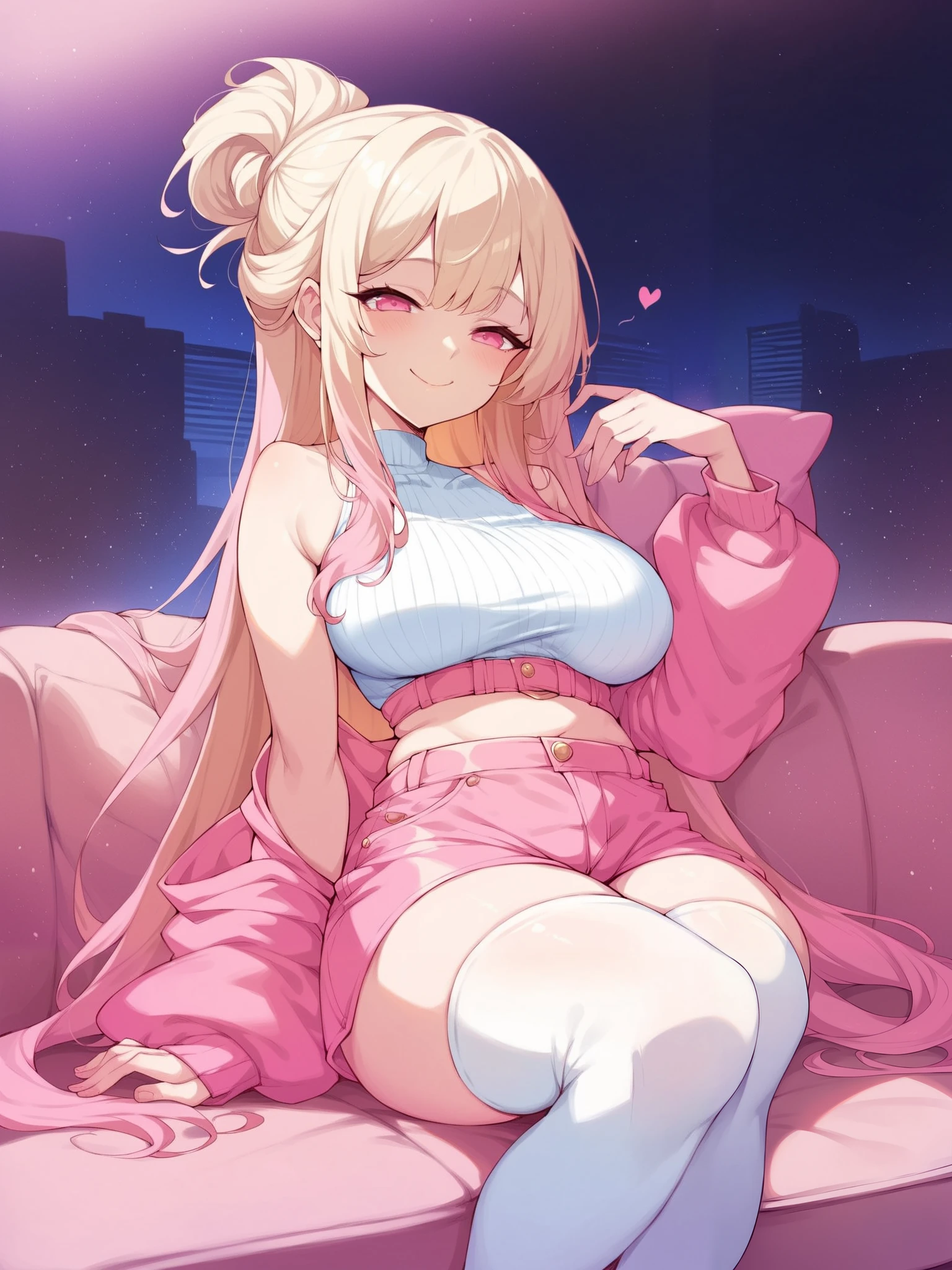 Closed smile, bright pink eyes, (big boobs:1.2) closed smile, girl in the center in the picture