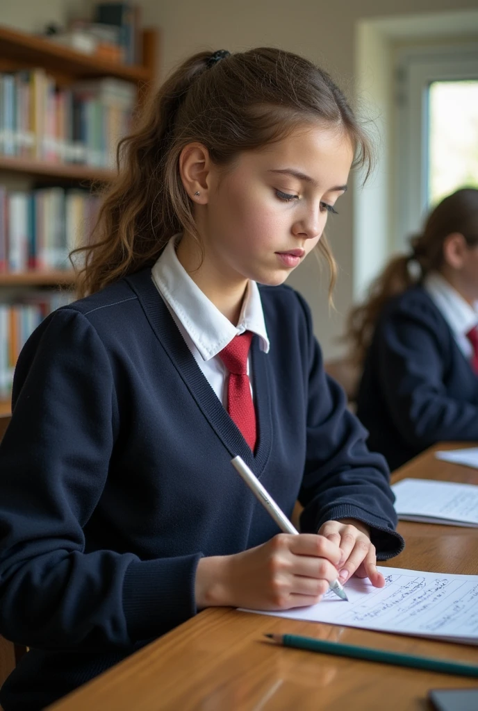 Developing cultural and intellectual skills, education according to the curricula prescribed for students , receiving information in the classroom, a close-up picture of a swedish student wearing a red uniform sitting on a school desk, performing school assignments
