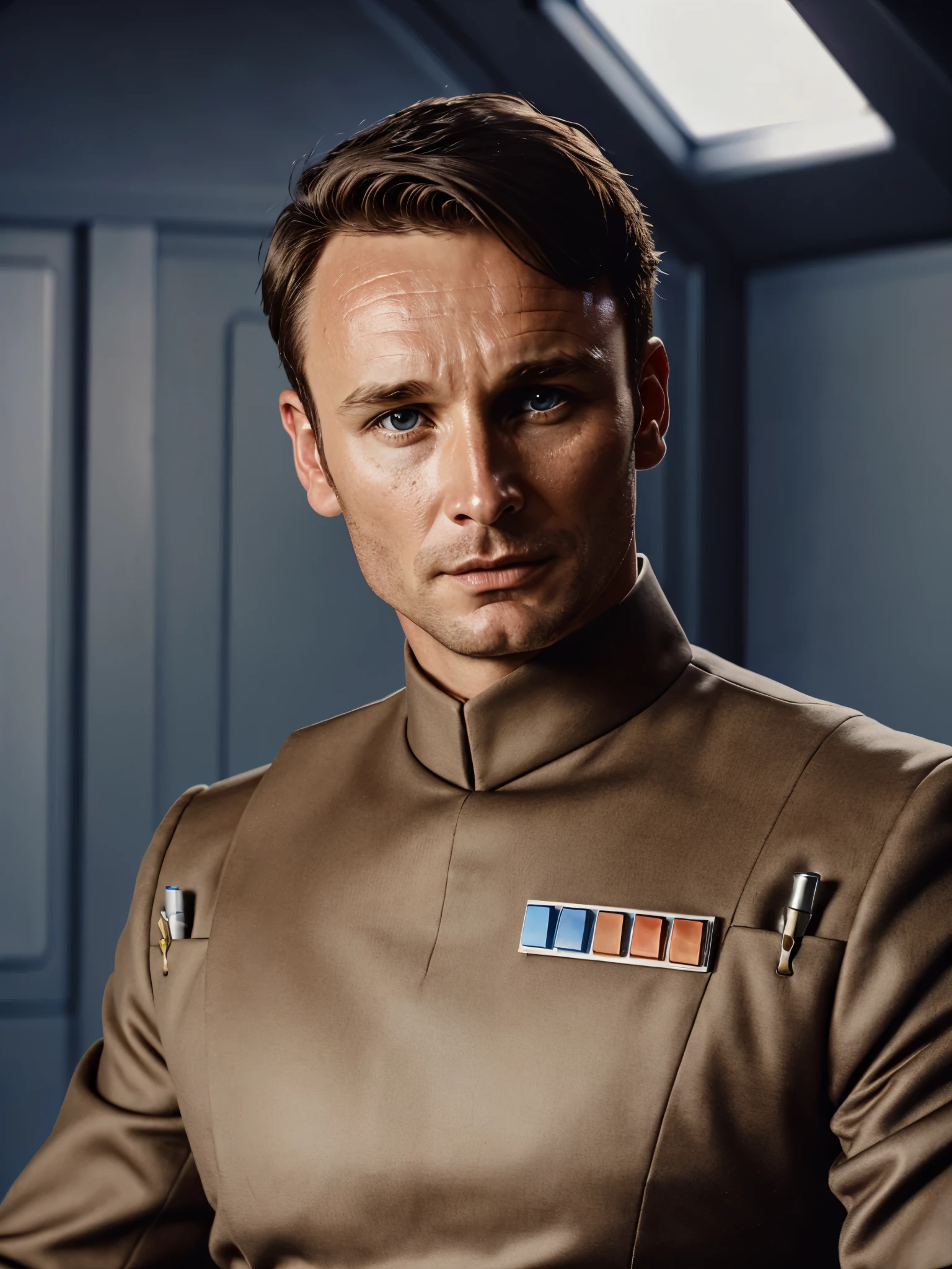 actor thomas kretschmann with short brown hair in imperialofficer uniform, in a interrogation room, 8k uhd, dslr, soft lighting, high quality, film grain,masterpiece quality,Fujifilm 