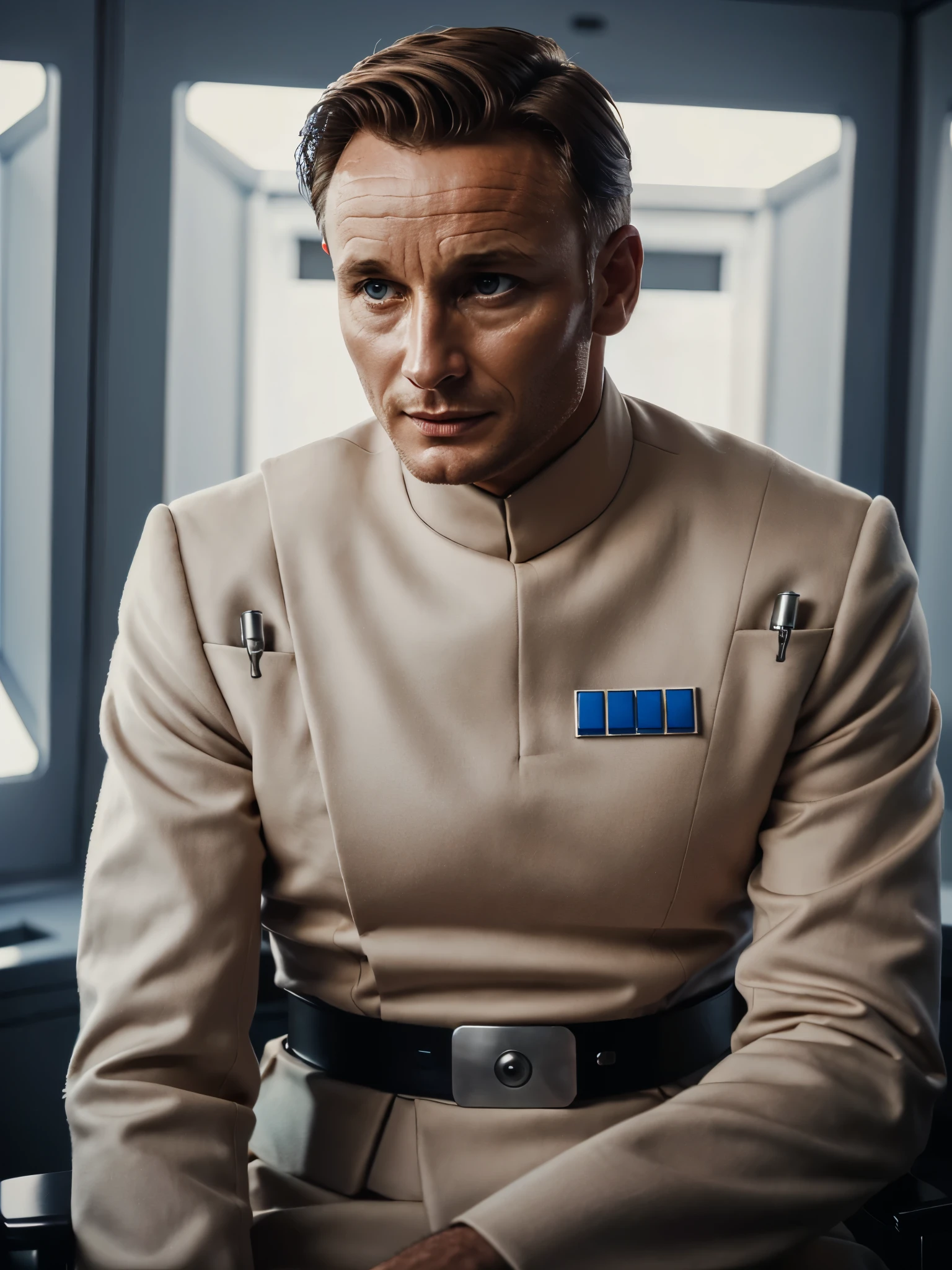 actor thomas kretschmann with short brown hair in imperialofficer uniform, in a interrogation room, 8k uhd, dslr, soft lighting, high quality, film grain,masterpiece quality,Fujifilm