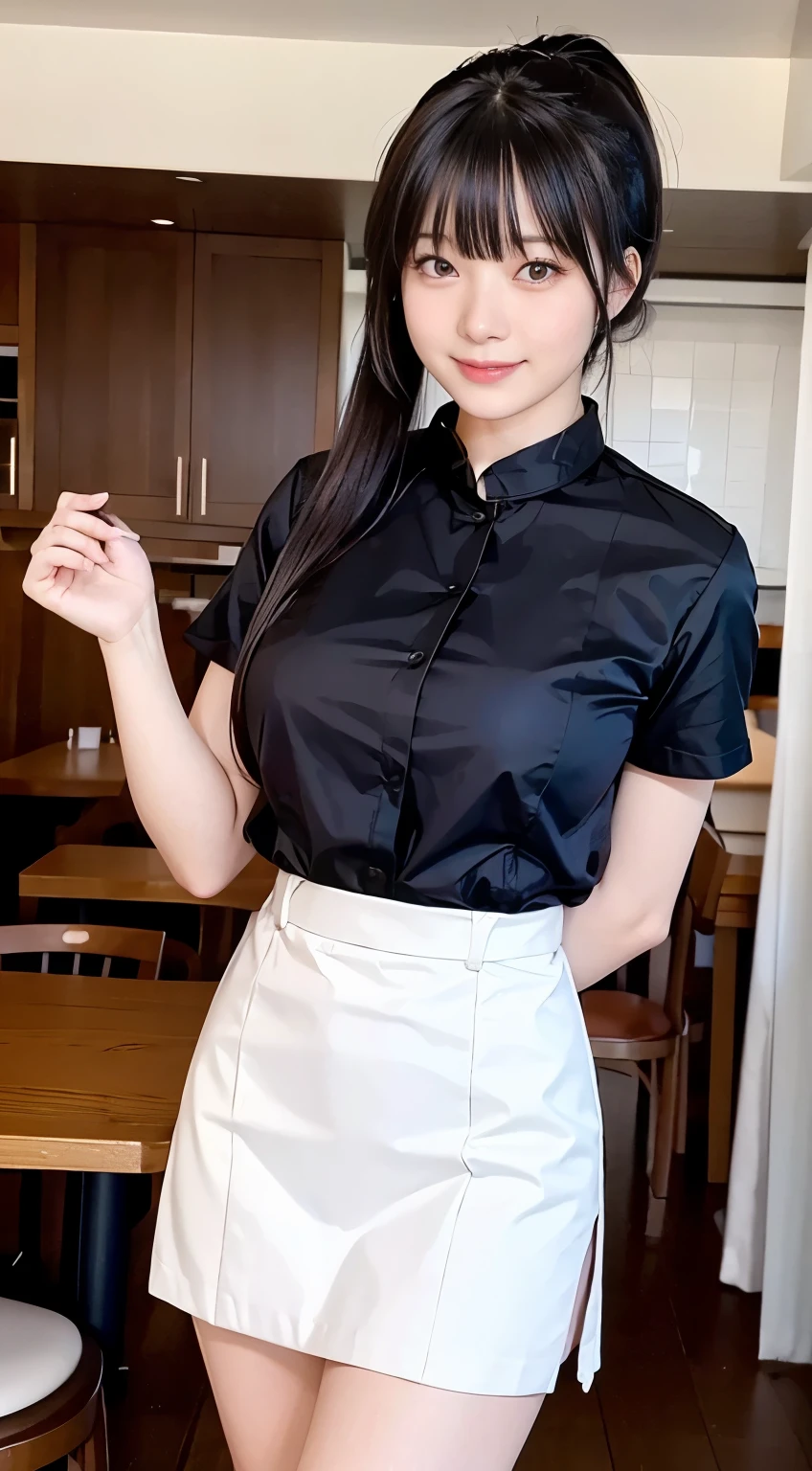 Highest quality、masterpiece、8k、Very detailed、Realistic、Looking at me with a smile、whole body、Black Hair、Short Hair、Small face、Slender、Big Breasts、Thin and beautiful legs、narrow and constricted waist,、(Family Restaurant Uniforms:1.2)