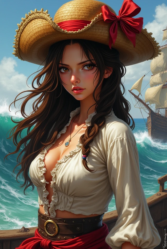 a portrait of a woman pirate holding a saber on a pirate ship ready for battle, ((full body: 1.5)), ((anatomically correct: 1.5)), (ultra detailed face: 1.2), looking tense, looking dangerous, dynamic eye color. dynamic hair color, dynamic hair style dynamic skin complexion, wearing 18th century white button shirt, busty , wearing wearing high heeled boots, sunny day, sun rays, some clouds,18th century pirate ship background, vibrant, Ultra-high resolution, High Contrast, (masterpiece:1.5), highest quality, Best aesthetics), best details, best quality, highres, 16k, (ultra detailed: 1.5), masterpiece, best quality, (extremely detailed) RAW, (ultra details, Masterpiece, best quality), Hyperrealism style, holding sword, Intense gaze