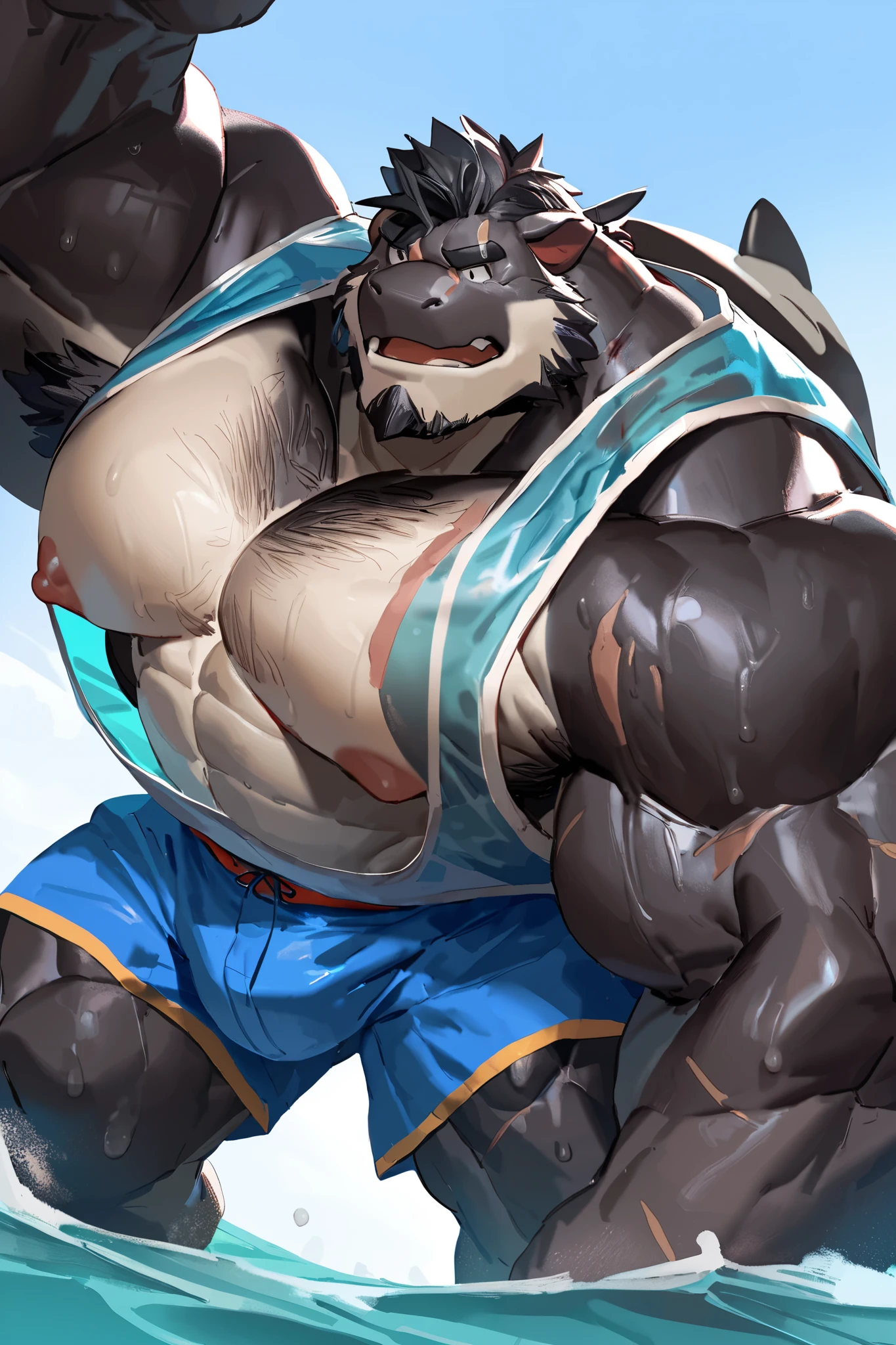 (epic,dynamic poses,dynamic angle,alone,Full body),male,furry,((by lindong,by vorusu)),nipples,alone,1boy ,Huge Muscular,((furry,huge orcas daddy,orcas,no ears,black hair,Masculine,handsome face,scars ,middle age)),((serious face)),thick chest hair,armpit hair,pectoral,(Muscular),hairy,(hair, tank top :1.3,clean face),(((in the sea, wear a transparent vest on the upper body,Wear swimming trunks on lower body,Clothes are wet ,wet,sweaty,No ears,hug you,full of oppression))),((strong physique,tall and huge,tall,golden ratio body,wide shoulder,wide pec,huge pec,thick arms),hair,bearded,detailed,huge pectoral,wide pectoral),masterpiece, semirealistic :1.2,high detailed,8k,high resolution,pose,looking to camera,anatomically correct,best quality,sfw,high detail.((Add textures and details to make the image more realistic.))((Make sure the resulting image is high resolution,8K quality.))((detailed head,detailed eye,detailed face,detailed body,detailed hand))
