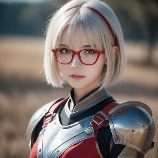 masterpiece , a girl, in a field, ( lite white short hair:1.2), (red eyes:1.2), (Crausader:1.2), (looks at the viewer:1.2) , (8k, best quality 1.2), ultra-detailed, 8k uhd, soft lighting, high quality, film grain, beautiful lighting, cinematic ,perfect body , best illumination, best shadow, sharpness, contrast, red glasses, messy hair, , absurdres high detailed face, steel armour, great sword