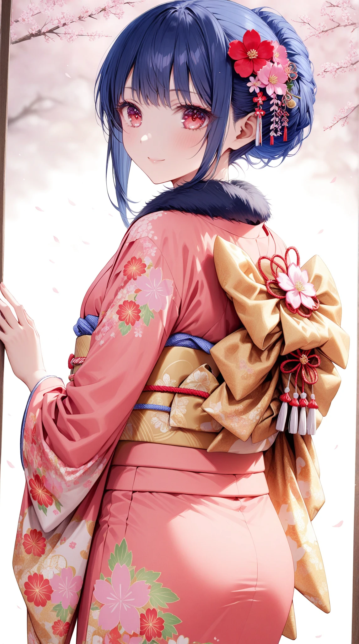 1 girl、 fullbody shot , from behind, look back and smile, standing, arched back, Japanese woman,  20 years old、at the ceremony, happy, 
,(Long-sleeved kimono、 Japanese Kimono、Long-length furisode that reaches down to the feet）、（ Kimono with a pink flower pattern 、 Kimono with fur around  collar）、（Long-sleeved kimono、band、 socks、 sandals ）、（red flower barrette 、Knit on the back of the head ）、（ blue hair、 short hair、red eyes、big eyes、fair skin、slim：1.8）,(looking to viewer), perfect body, wide angle, smiling, rule of thirds, face details、Semi-realistic、 masterpiece、  Masterwork 、 perfection、  high res、 Ultra-clear、 8k、  top quality 、 perfection face、 masterpiece、  beautiful、  high res、  top quality 、  high res、  (Detailed Fingers 、  detailed hands 、 Detailed legs、  detailed eyes）