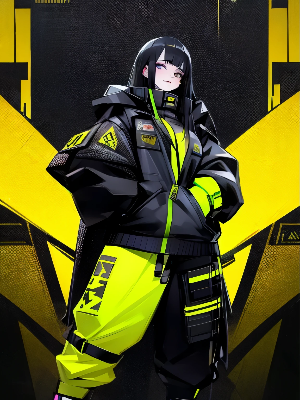 a woman in a black jacket and yellow pants posing, cyber future jacket, cyberpunk streetwear, black and yellow tracksuit, wearing cyberpunk streetwear, cyberpunk anime girl in hoodie, cyberpunk clothes, all black cyberpunk clothes, stylish coat for a rave, e - girl, e-girl, cyberpunk fashion clothing, cyberpunk outfit, black and yellow, cyberpunk fashion clothes