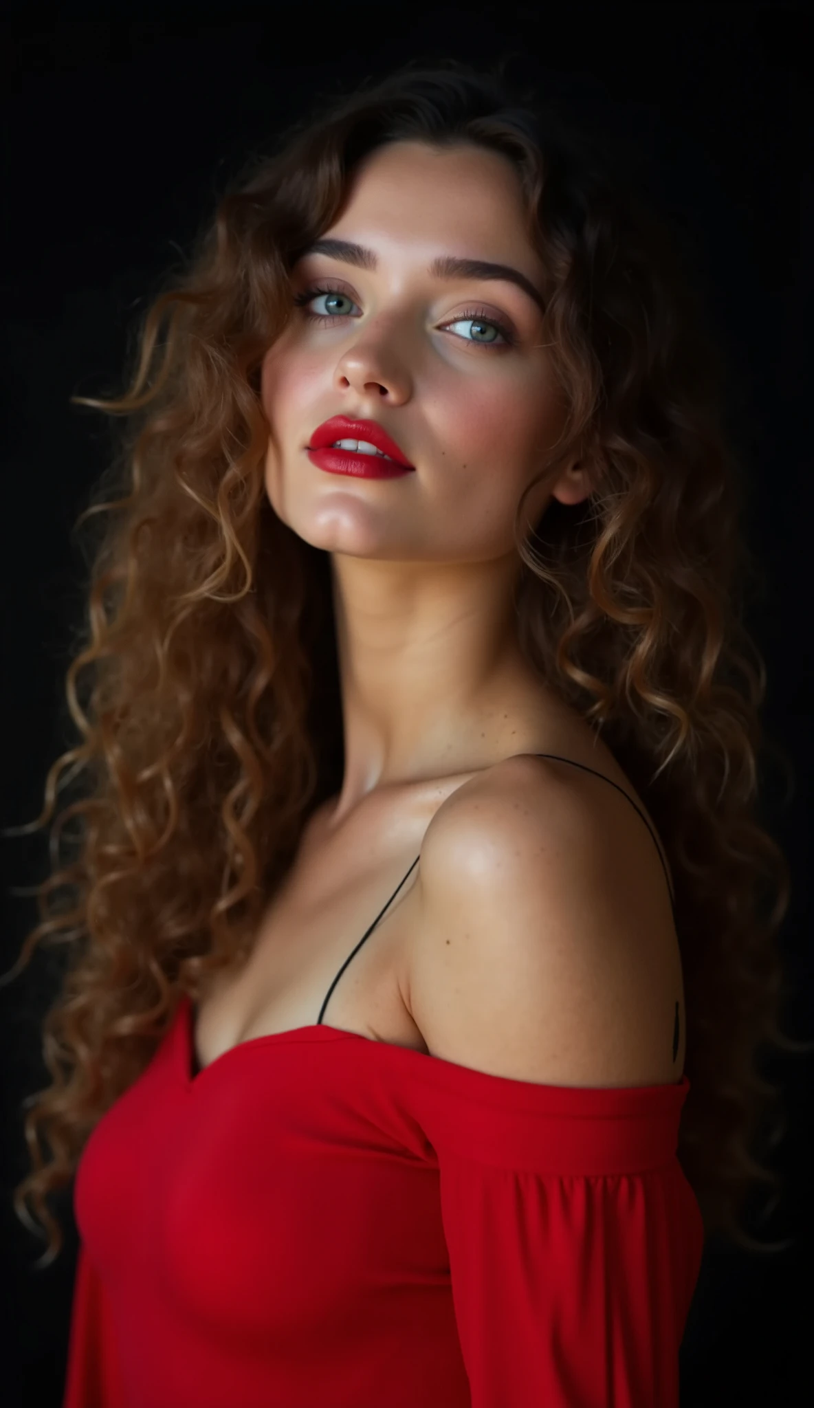 [white-skinned woman:1.2, long curly hair:1.2, elegant red dress, deep neckline, snub-nosed, bright brown eyes], awesome open breasts, VSCO filter: C8)