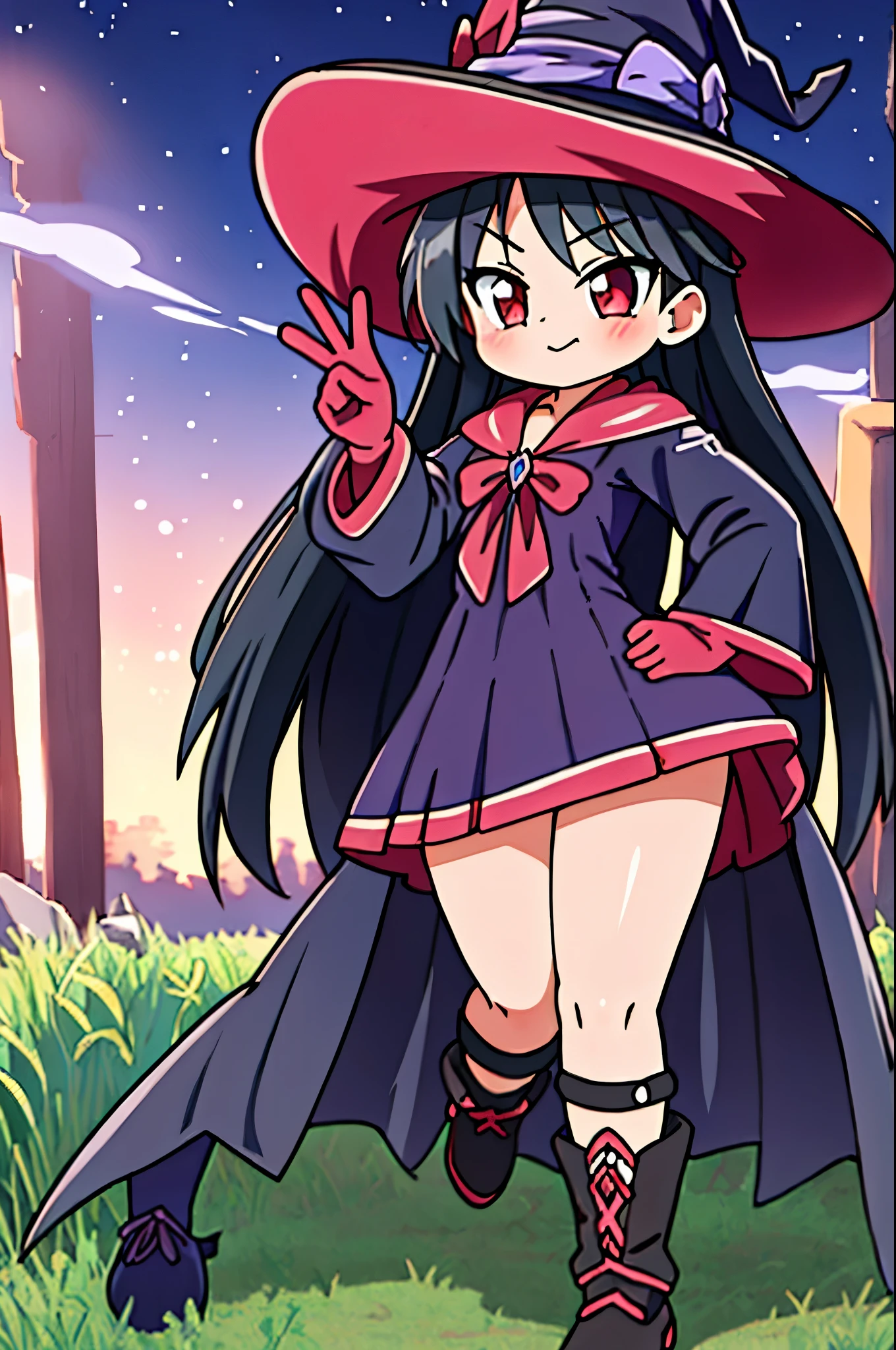 (masterpiece, best quality), intricate details,
1girl, long black straight hair, dress, purple dress, hat, witch hat, pink details on dress, wizard gloves, wizard shoes, night field, shrugging, smug, thicc thighs, sexy, red eyes, black hair, black hair straight, red eyes
