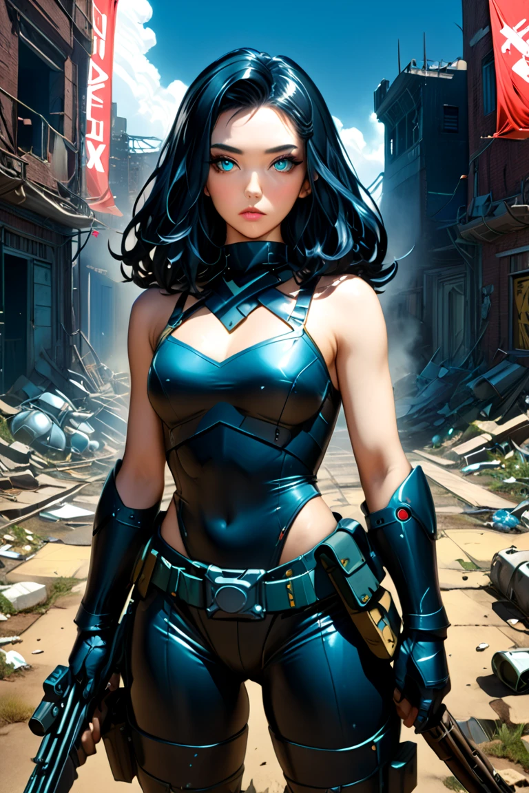 (((mulher))), (((melhor qualidade))), (((obra prima))), (((adulta))), Uma guerreira mulher de 35 s com corpo perfeito, Brooklyn Gladiators, hand with steel gloves and metal tips, (( under boo, quase nua no estilo selvagem urbano de Simon Bisley para a capa da revista Heavy Metal, bionic hand, cabelo moicano colorido, Minimum clothing, armadura (azul escuro com estrelas brancas e vermelho com listras brancas), cheio de pontas e rebites manchadas de tinta, tatuagem de estrelas de 5 pontas, (((corpo inteiro))), cabelo preto curto com franja branca cobrindo a testa