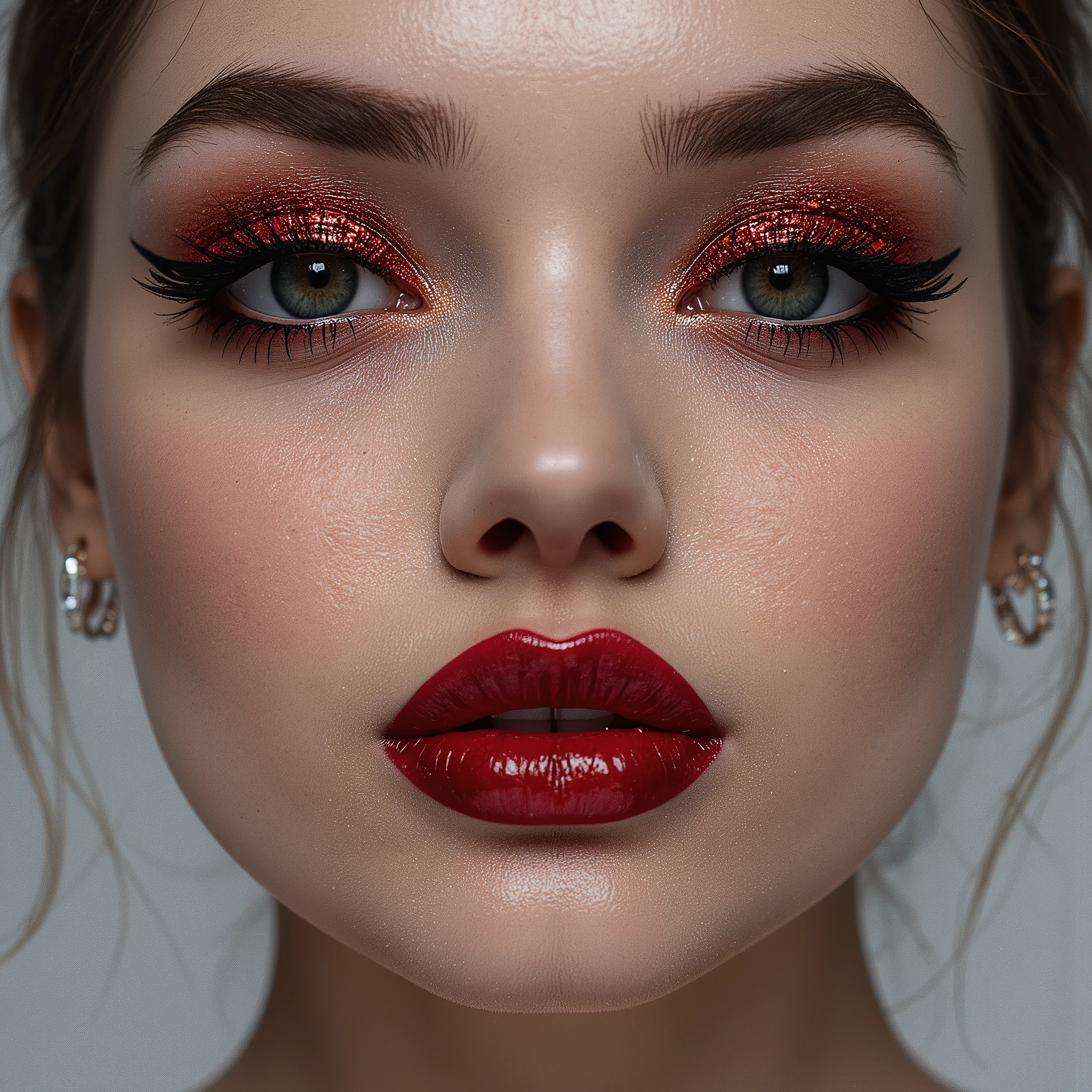 Close up of face, deep red lips, lip gloss, shiny lips, eyeliner flicks, thick eyeliner, make up, red glitter eye shadow, 8k, realistic, parted lips