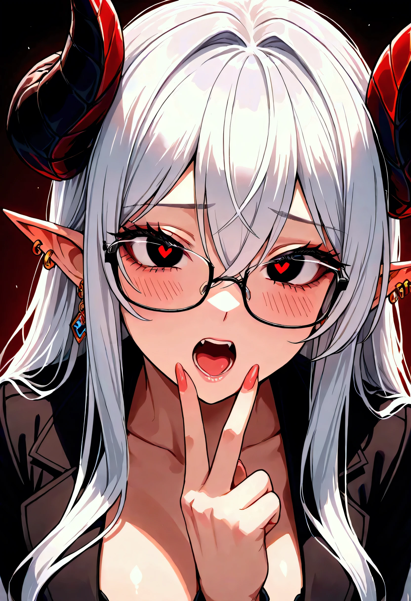 One Girl、White Hair、Eyes hidden by hair、Round Glasses、Small breasts、Completely flat、Inverted nipples、Bill on the head、Sticking out tongue、Open your mouth wide、Jagged teeth