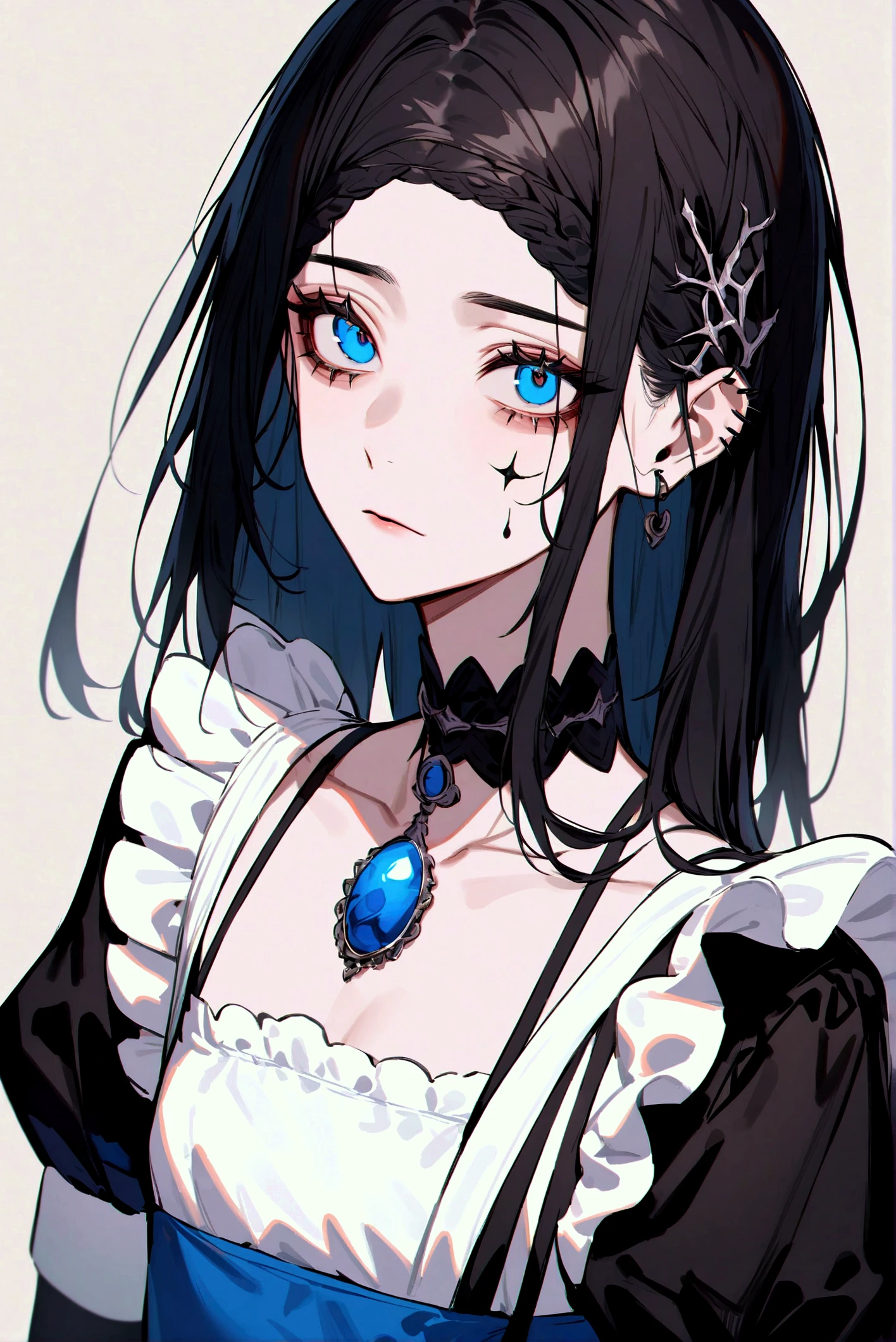 Black Hair Straight,Downer, slender, my eyes are blue, maid clothes,Iqos,Scalp Nails , choker , depigmented , small tits,Background white