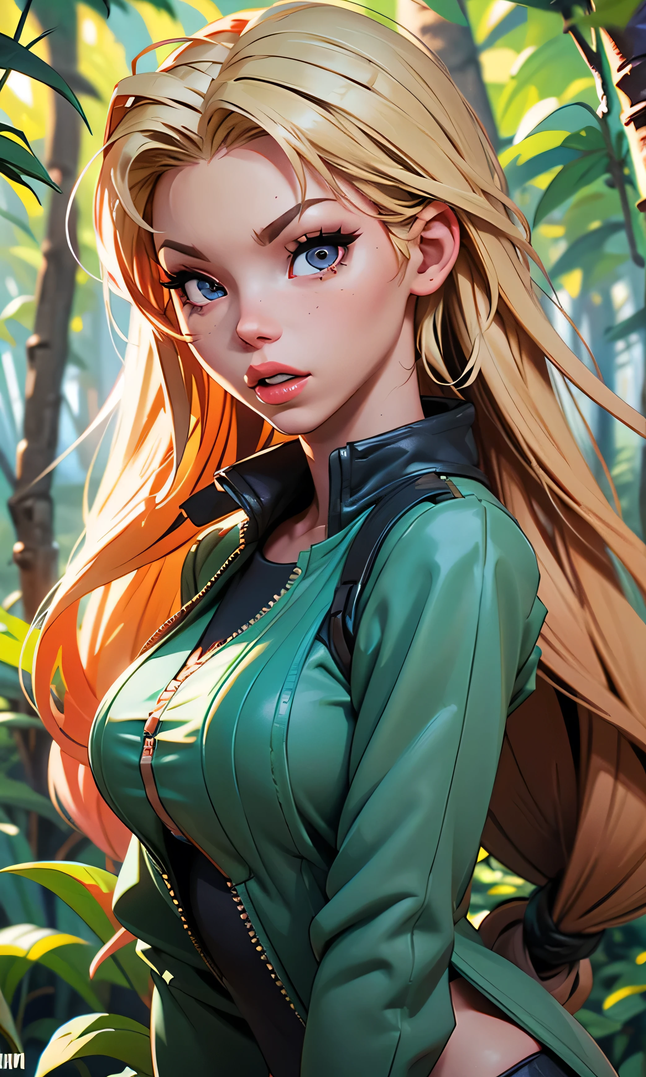 Character style Cartoon style digital illustration GTA style female style beautiful breasts symmetrical medium breasts Fiona with war marks Cartoon image of a woman .Ilustra??o estilo desenho animado, estilo de arte dos desenhos animados, estilo de arte dos desenhos animados, digital illustration style, estilo atompunk design de personagens altamente detalhado, arte digital detalhada coragem, Forest fan art, Design de personagens de retrato, beautiful digital illustration, retrato de alta qualidade, Arte em quadrinhos, mulher jovem cabelo com transas lindas . Eyelined eyes Medium large bust and wonderful sexy clothes. 