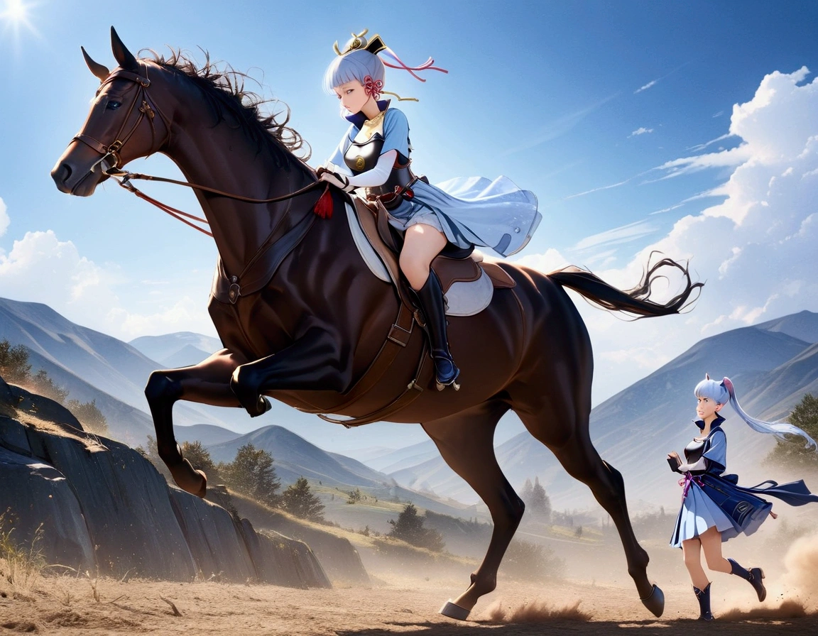 (masterpiece:1.3), (8K, best quality:1.3), Highest image quality, intricate details, high resolution, depth field, Natural light, professional lighting, BREAK, riding, horse, (((a young woman wearing in adventurer clothes watching a blue sky while horse riding)), ([kamisato_ayaka, medium breast]), (dress, miniskirt, breastplate, cleavage, gauntlet, gloves, bare legs, greaves, )), BREAK, ([white horse, saddle, rein, bridle, running]), solo, (in the mountainside, mountainside, fantasy settings:1), both hand holding rein, from side: 1, anatomically correct 