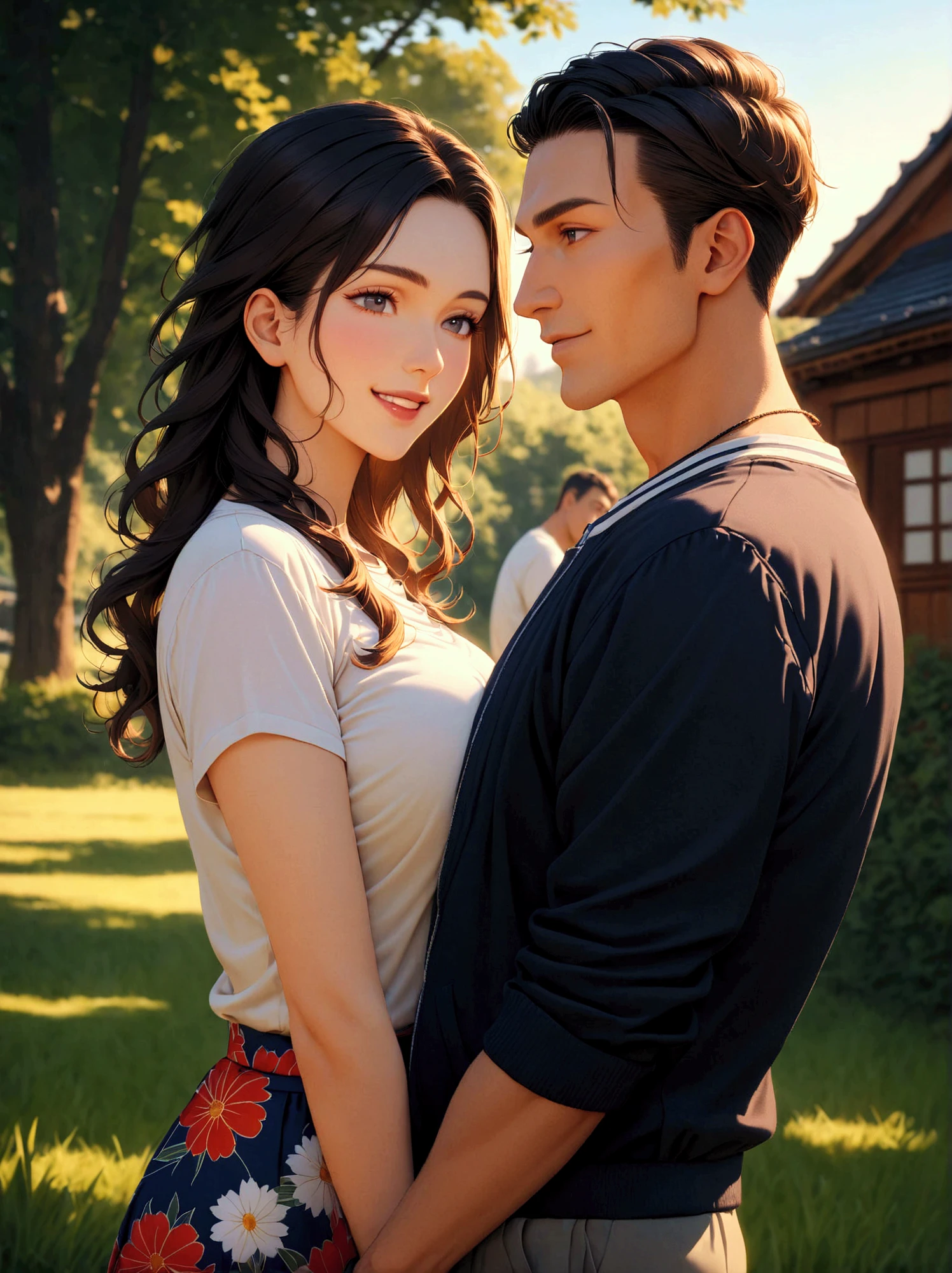 They sat together on the ground on the grass, cute couple, couple pose, Guviz-style artwork, Makoto Shinkai and Artgerm, with short hair, trending on cgstation, still from live action movie, sakimichan and makoto shinkai, Attractive pose, [ Realistic photography ], beautiful realistic photo