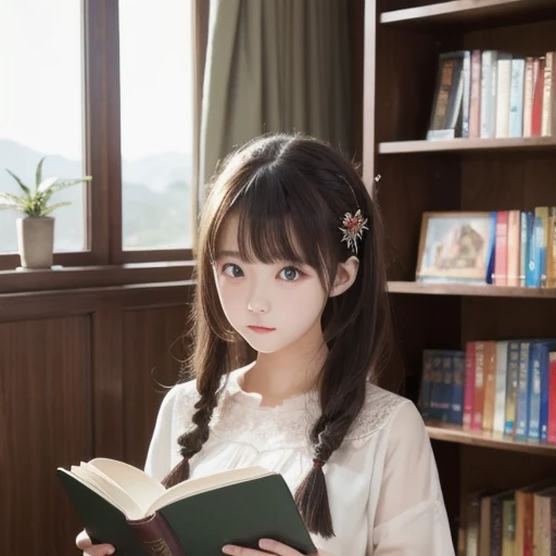 Literary girl, brown haired, Plaid shirt, scarf, with brown eye, Gentleness, Beautie, Boken, small mouth, big books