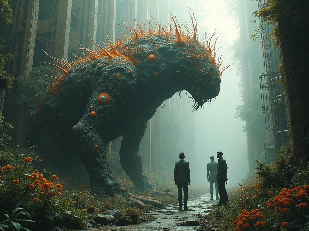 Large format 8k quality photo of city destoyed by deadly poisonous ivy vines and plants looking like panthers, dystopic cinematic lighting, shot on ARRI ALEXA 65 with 50mm lens
