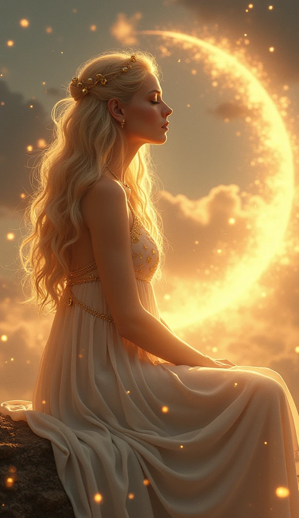 A beautiful blonde woman sits on the crescent moon in space, (huge breasts:1.3), stars all around her, in the fantasy art style, dreamy and romantic, glowing, shining stars illuminate the night sky, magical and beautiful, high resolution, realistic and photo-realistic, a full body shot with long hair flowing in the wind, wearing a white dress.