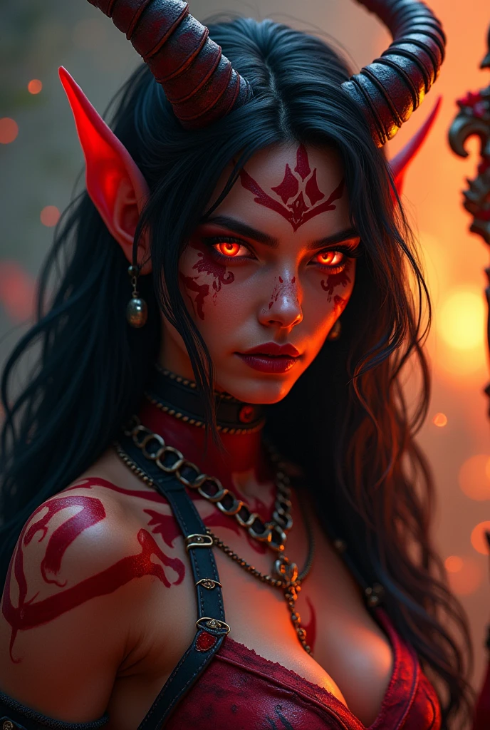 sharp focus, professional photography, masterpiece, ultra detailed photograph, high quality, 8k, fine details, full body. Tiefling with red skin, horns, long black hair, glowing eyes. She is wearing fire battle armor, holding magic staff and has piercings.