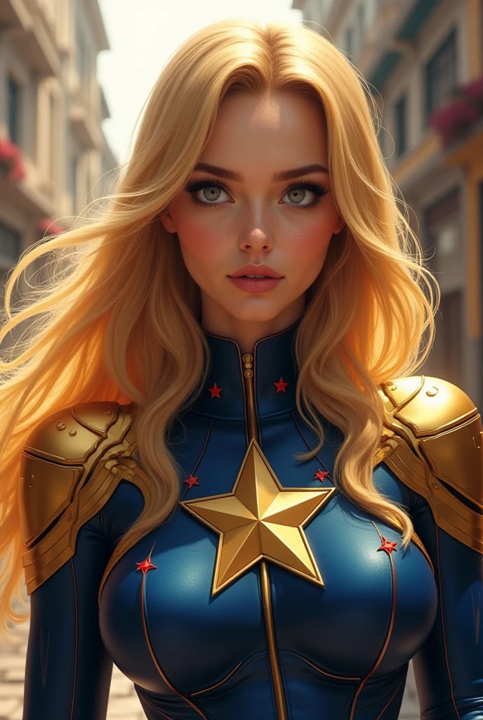 Meghan Markle, wearing Captain Marvel costume sexy clothes, her costume is open showing her pink nipples, , (revealing her skin), professionally retouched, soft lighting, realistic, smooth face, perfect eyes, sharp focus on eyes, 8 k, high definition, insanely detailed, intricate, elegant. in a cosmic background, (((visible breasts))), she is removing her. Costume, visible nipples, visible vagina, blonde hair, blue eyes