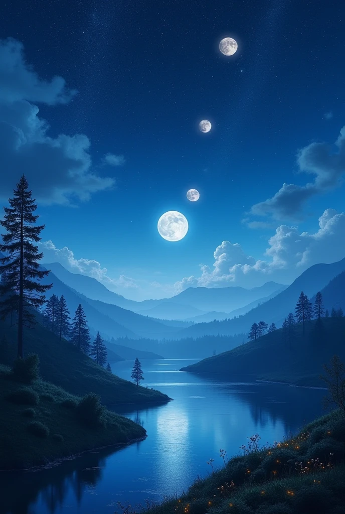 Voici un prompt en anglais :
“A breathtaking landscape under a starry night sky featuring the different phases of the moon, from crescent to full, arranged beautifully across the heavens. The foreground showcases a serene natural setting with rolling hills, a tranquil lake reflecting the moonlight, and a silhouette of tall trees. The atmosphere is calm and magical, with soft shadows and a faint mist adding depth to the scene. Subtle details like fireflies glowing and gentle clouds drifting enhance the enchanting ambiance.”