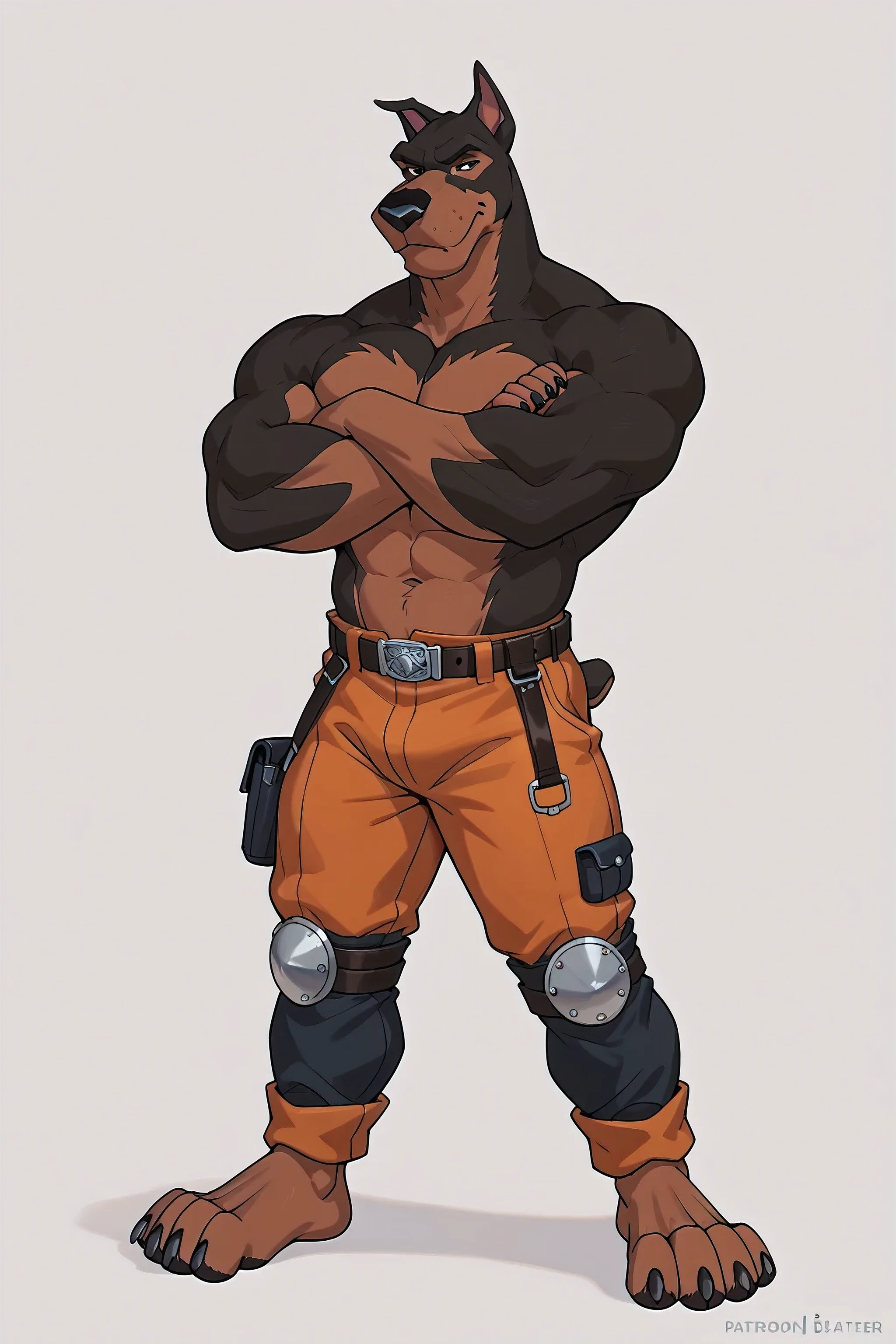 BusterLT, furry, anthro, anthro body, canine, doberman, black eyes, black nose, black body, black fur, brown body, brown fur, two tone body, two tone fur, pink inner ear, full body, heavyweight build, muscular, flat colors, simple background, detailed, sharp focus, posing, looking at viewer, closed mouth, smile, stern eyes, front view, arms crossed, belt, fireman pants, bare feet,