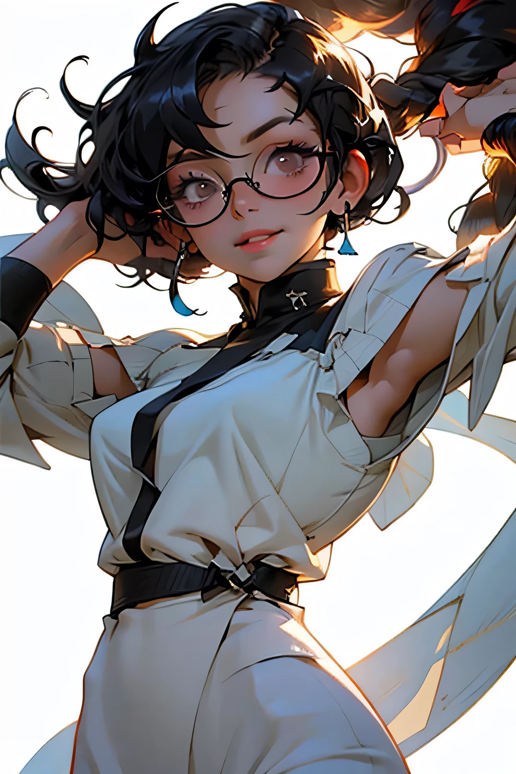   penetration, Alone, Braid,  black hair,  hair over an eye,  curly hair , breasts, Waist, hip,  hourglass body,  Hoop earrings ,  with your mouth shut, Rice, makeup, gentle smile,  brown eyes,  Simple background , with glasses, Hairpods, Backlighting, silhouette, anime,  anime style , 