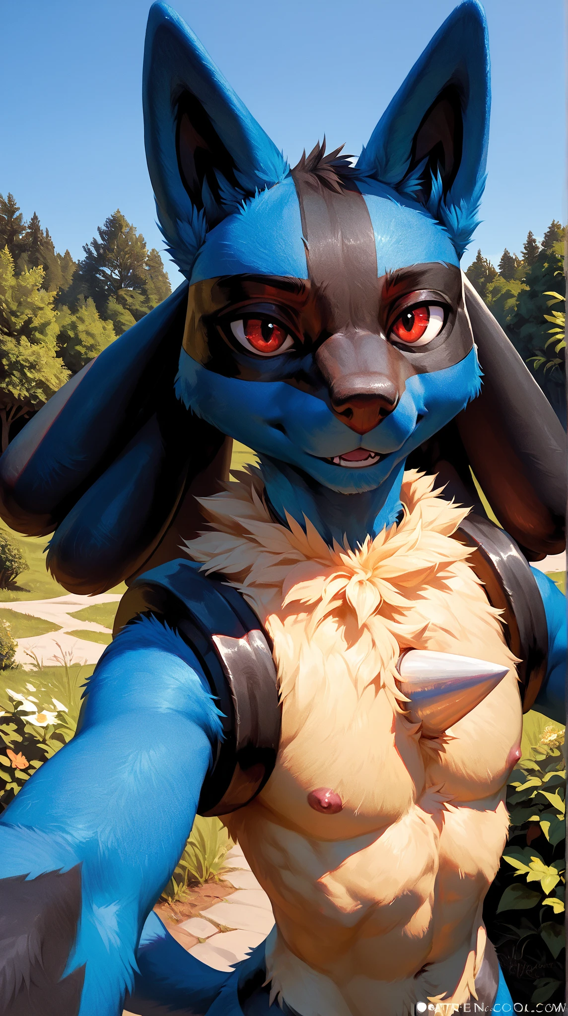 masterpiece, best quality, detailed, 1girl, 1boy, lucario, white fur, black skin, surprised, yellow eyes, visible nipples, visible vagina, snowy field, river, distant mountains background, dusk, winter, snowing, on all fours, deepthroat, pov hands, head grab, grabbing another's head, penis, fellatio,