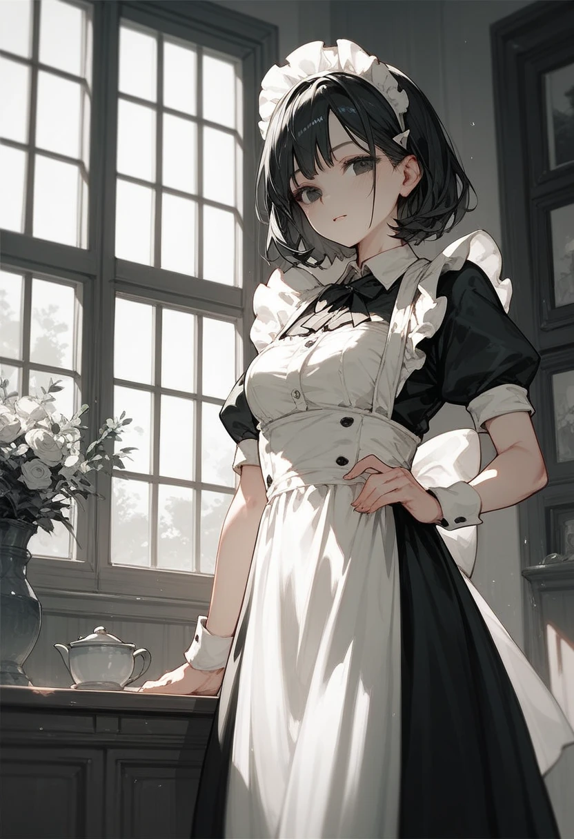 best quality, masterpiece, highres, solo, (franka_arknights:1.10), (maid:1.40), (long maid dress:1.15), 21